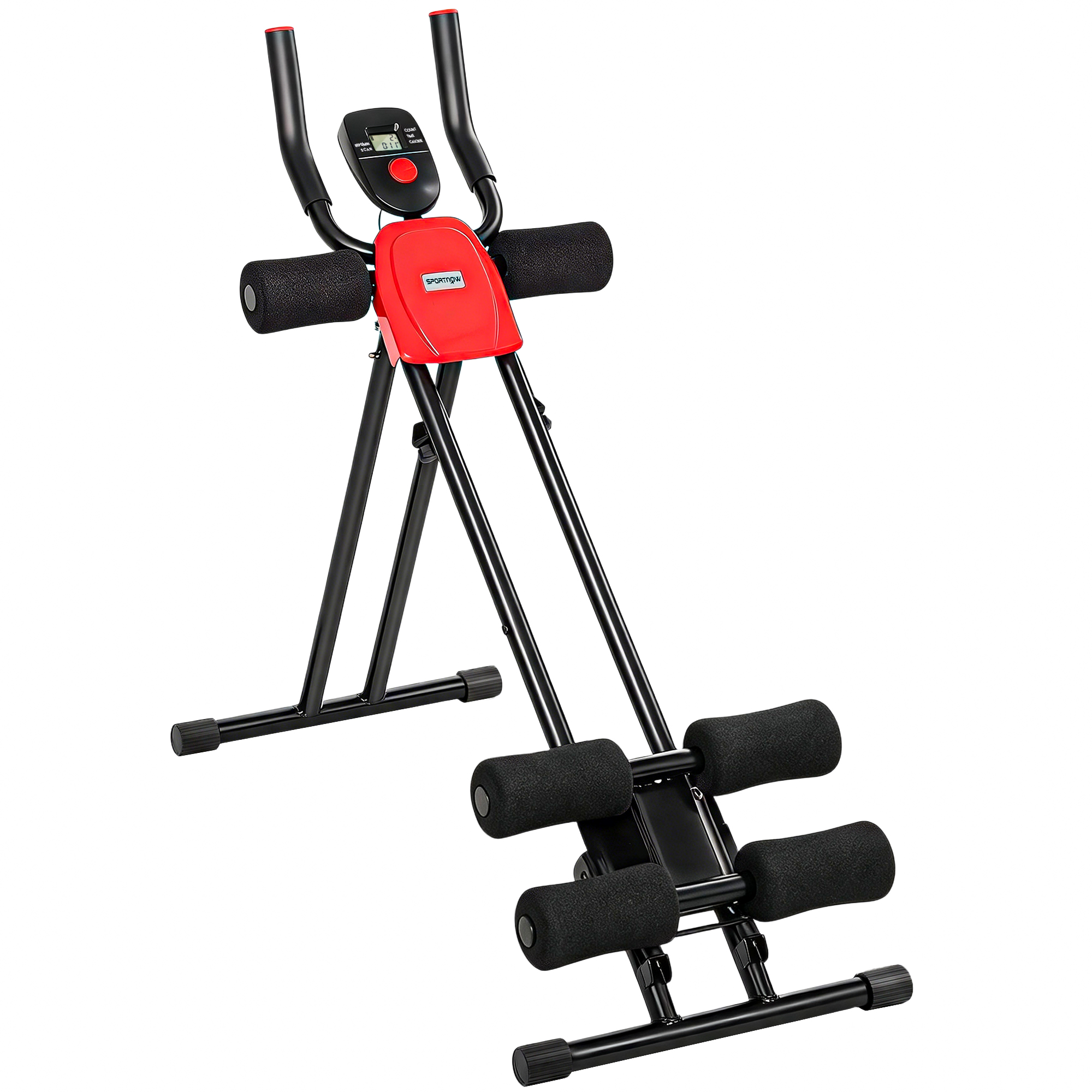 Bauchtrainer, Klappbarer Bauchmuskeltrainer mit LCD-Anzeige, Doppel-Schienen belastbar bis 120 kg, Stahl, Rot