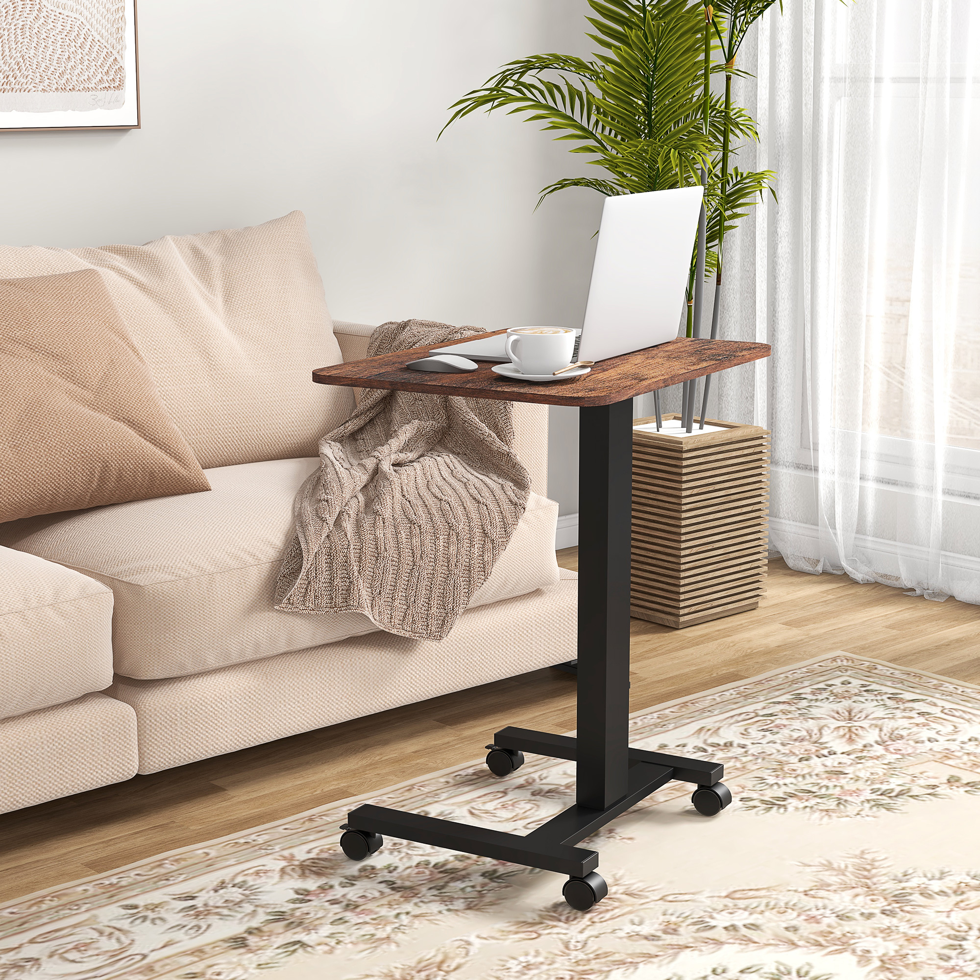 Stehpult Stehtisch, Laptoptisch, höhenverstellbar, 4 Rollen, 65 cm x 48 cm x 108 cm, Braun + Schwarz