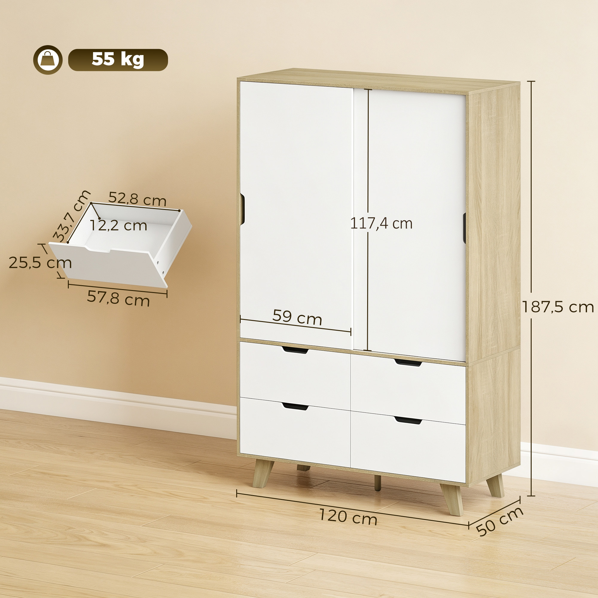 Moderner Kleiderschrank mit Schiebetüren, Kleiderstange, verstellbaren Böden und 4 Schubladen, Eiche/Weiß