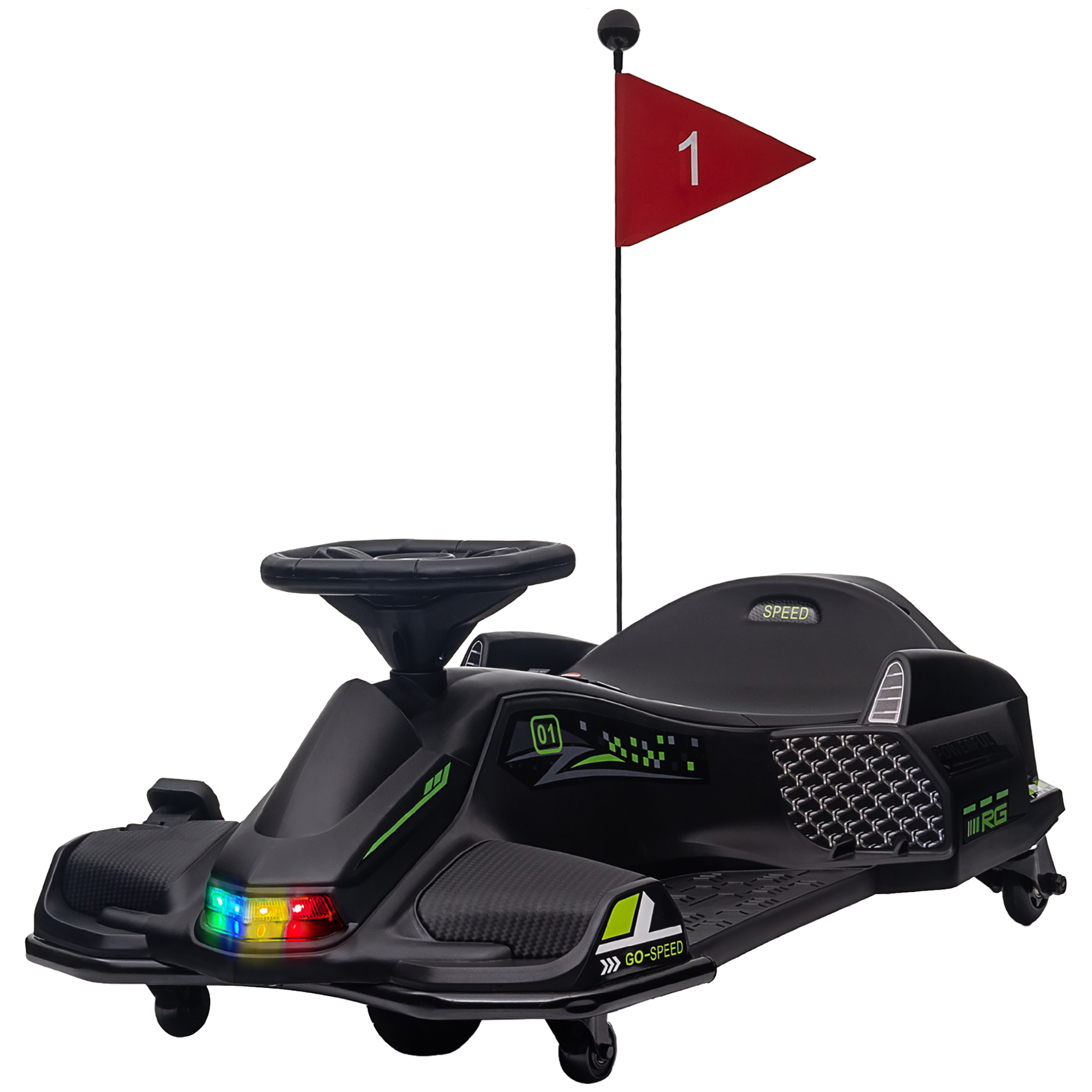 Elektrisches Go-Kart für Kinder, Gummiräder, 3-8 km/h, mit Lichtern und Musikfunktion, Schwarz Elektrisches Go-Kart für Kinder, Gummiräder, 3-8 km/h, mit Lichtern und Musikfunktion, Schwarz