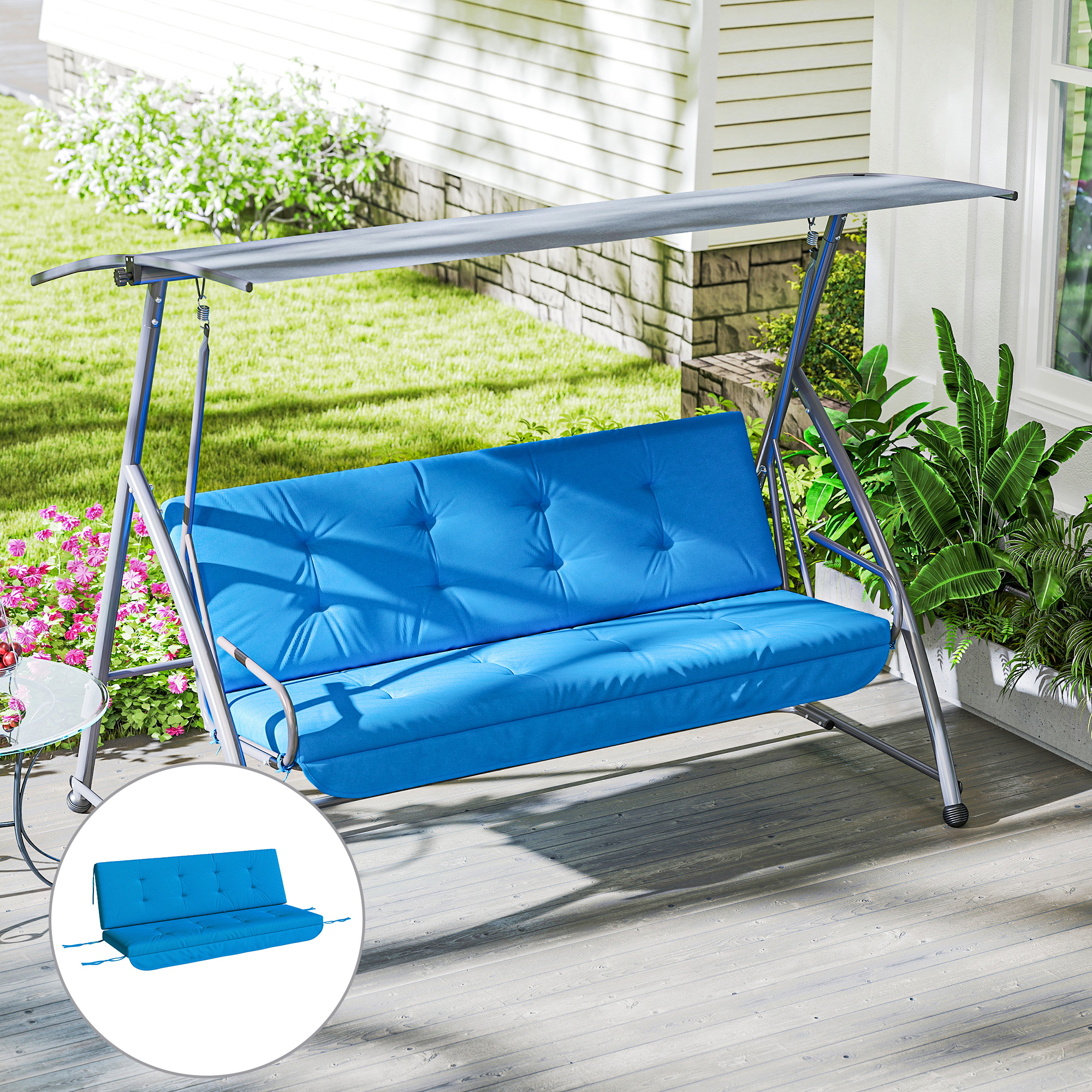 Auflagen-Set für Hollywoodschaukel 170 cm Stuhlkissen Schaukelauflage Sitzkissen Gartenschaukel Gartenpolster Rückenkissen Seitenkissen Blau