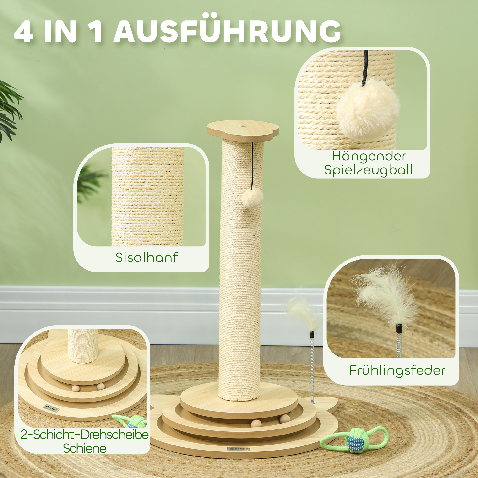 Katzenkratzbaum, 69 cm, Sisal-Kratzpfosten, Kugelbahn, Spielball, Spielfeder, 4-in-1-Design, Cremeweiß