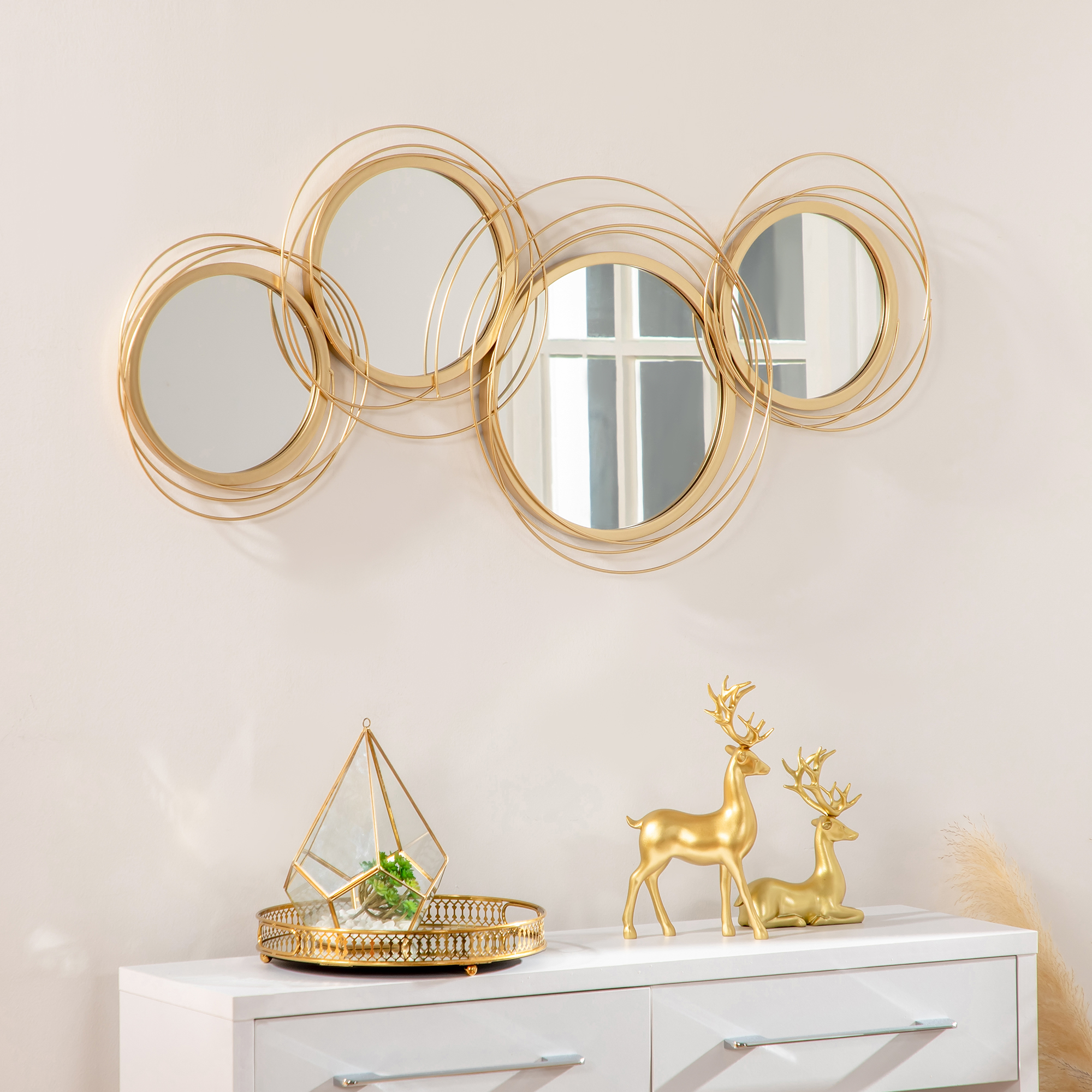 Spiegel-Set für Wanddekoration, Wandschmuck mit 4 runden Spiegeln, Wandspiegel, Flurspiegel,107 x 4 x 56 cm