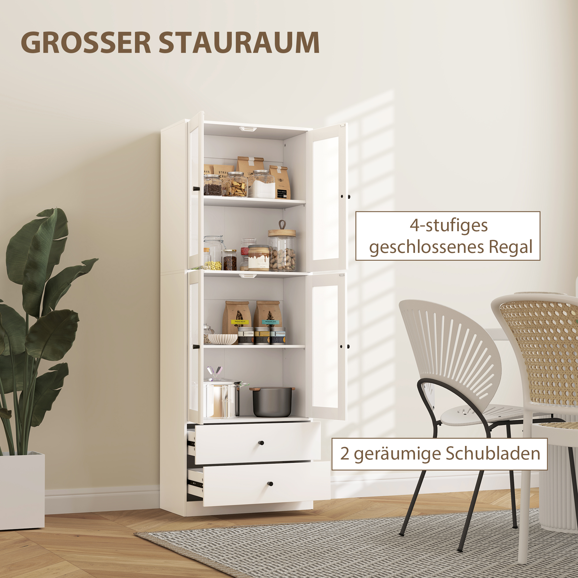 Küchenschrank mit Schubladen und Glastüren, Melamin-Oberfläche, Weiß