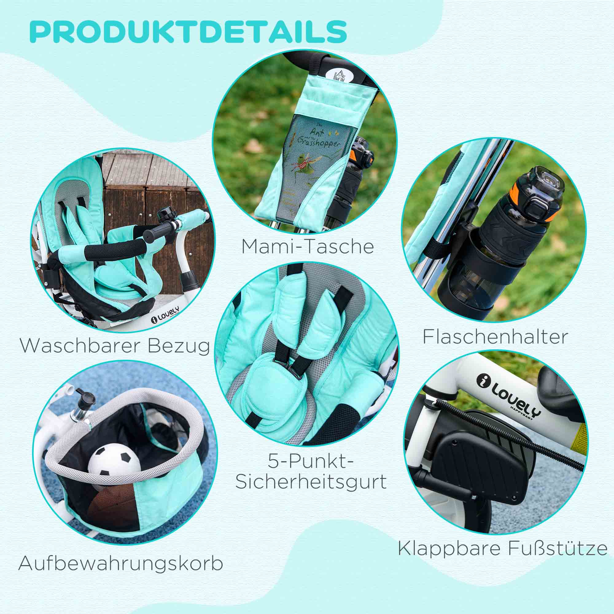 Kinder-Dreirad, Kinderfahrrad, Rückenkorb, Becherhalter, Sonnendach, Metall, Grün