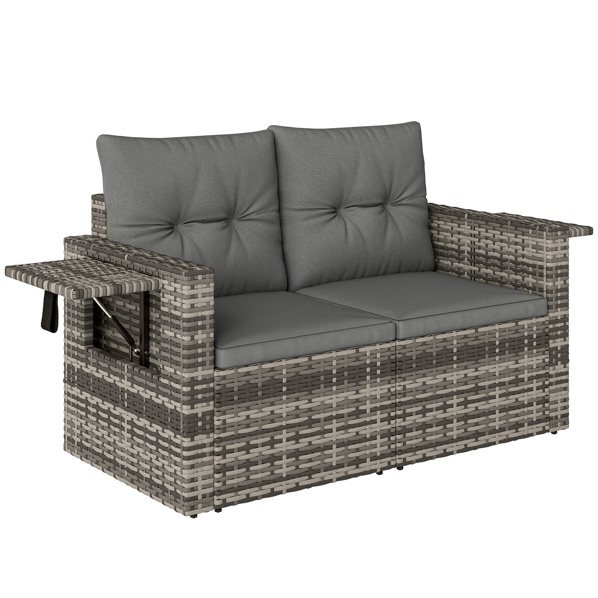 2-Sitzer Rattansofa mit Kissen Klappbar Seitentabletts Loungesofa Sitzgruppe Hellgrau