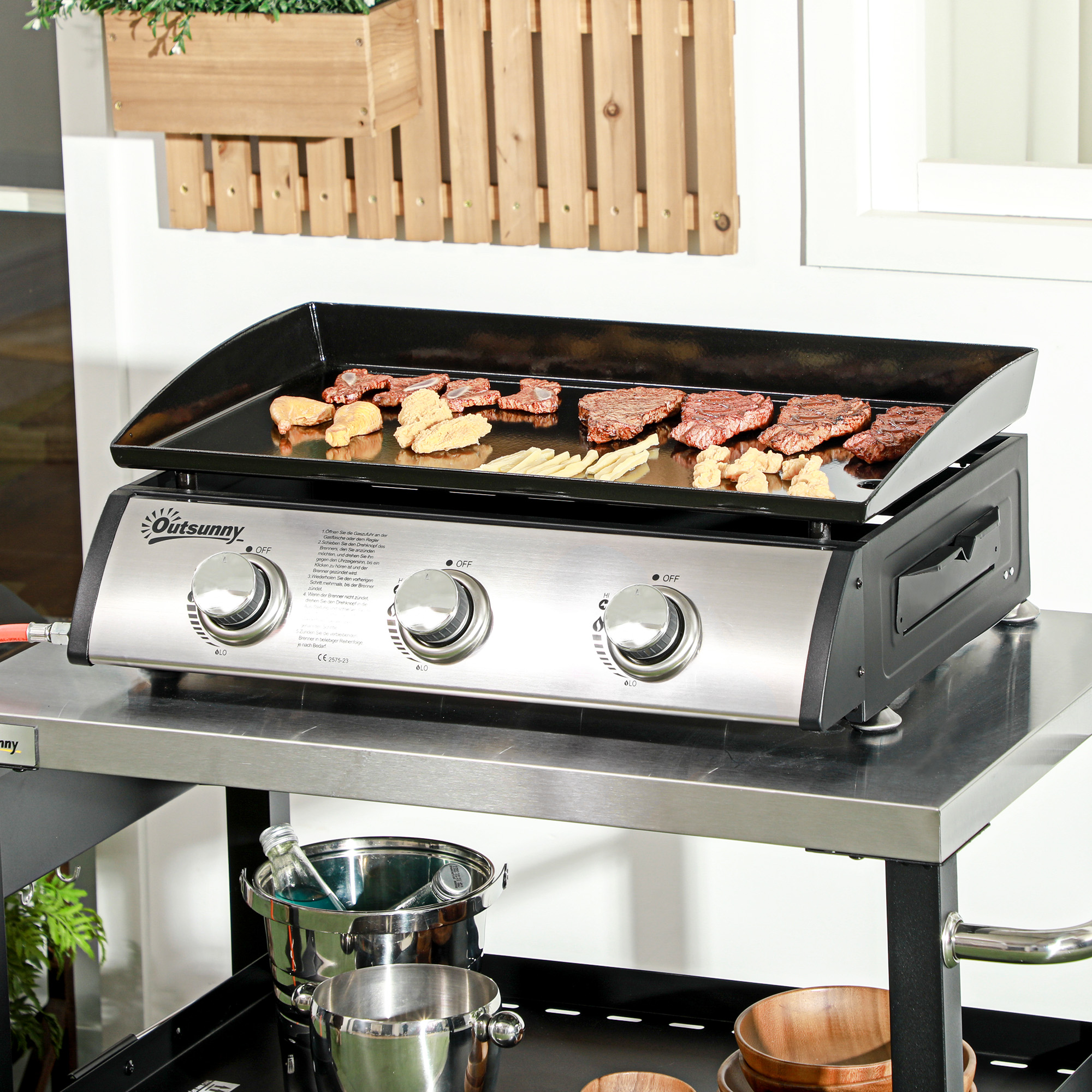 Gasgrill mit Deckel, 3 Brennern, Fettauffangschale, antihaft-Platte, 63x47x25 cm, Schwarz/Silber