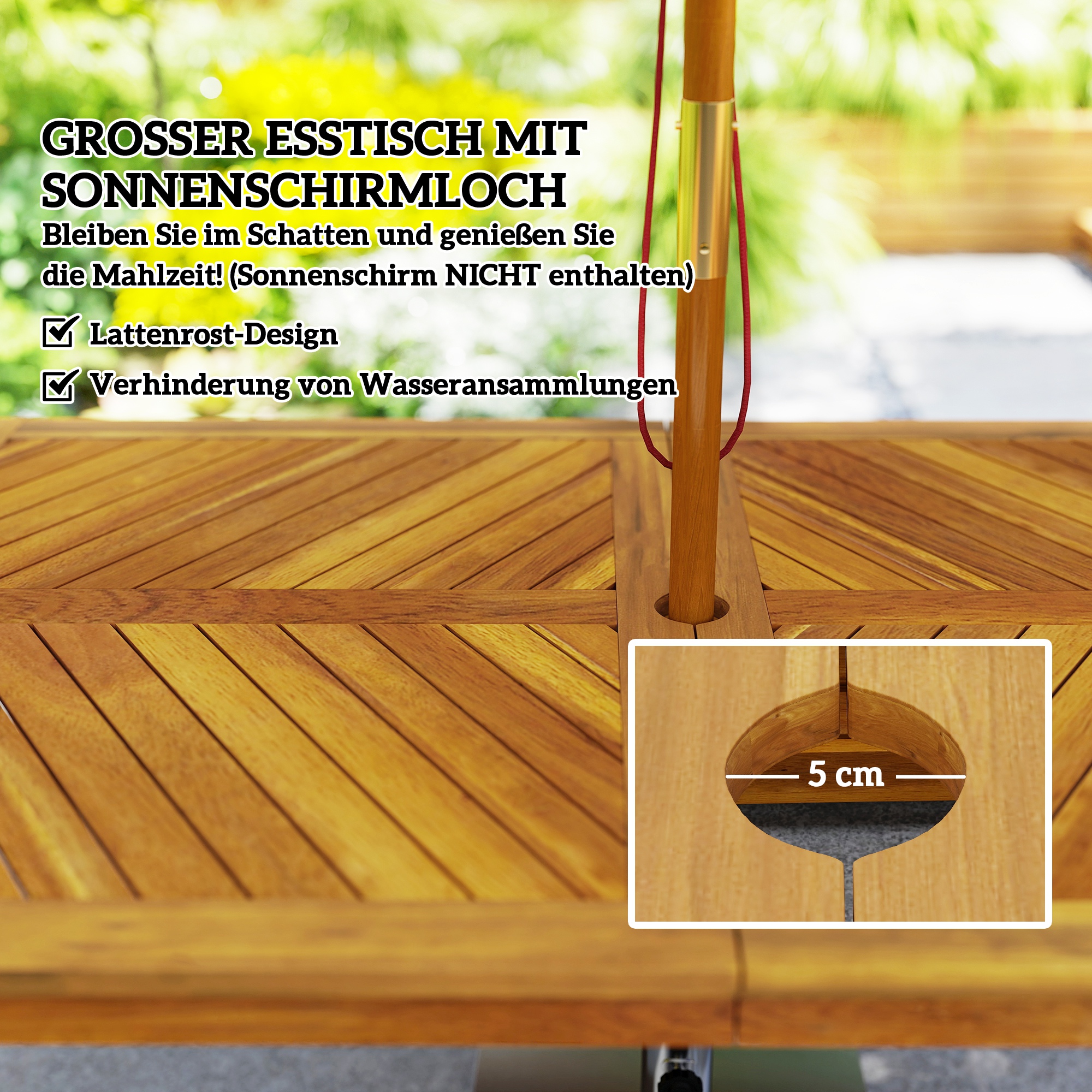 3 tlg. Gartenmöbel-Set, Sitzgarnitur inkl. 1 Esstisch mit Schirmloch, 2 Bänke 150 x 85 x 75 cm Teak