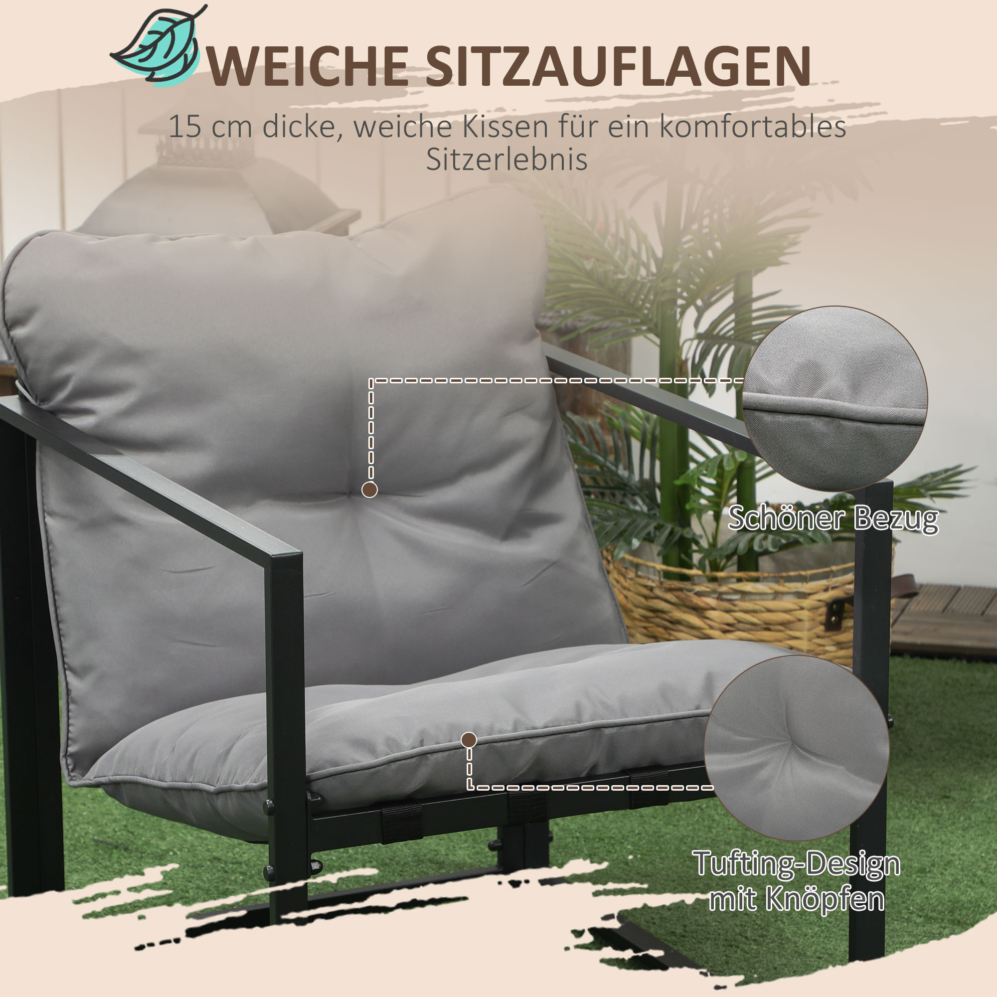 Gartenmöbel-Set, 1 Glastisch, 2 Sessel. 1 Sofa, wetterbeständig,114 cm x 70 cm x 67 cm, Grau+Schwarz