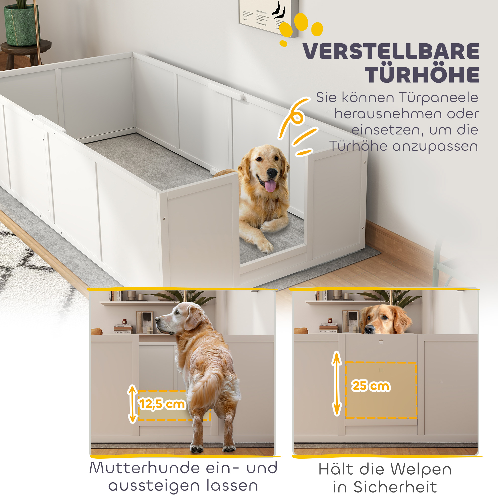 Hunde-Wurfbox für Hunde und Welpen, mit verstellbaren Eingängen, für große und kleine Hunde, 196 x 96 x 48 cm, Weiß