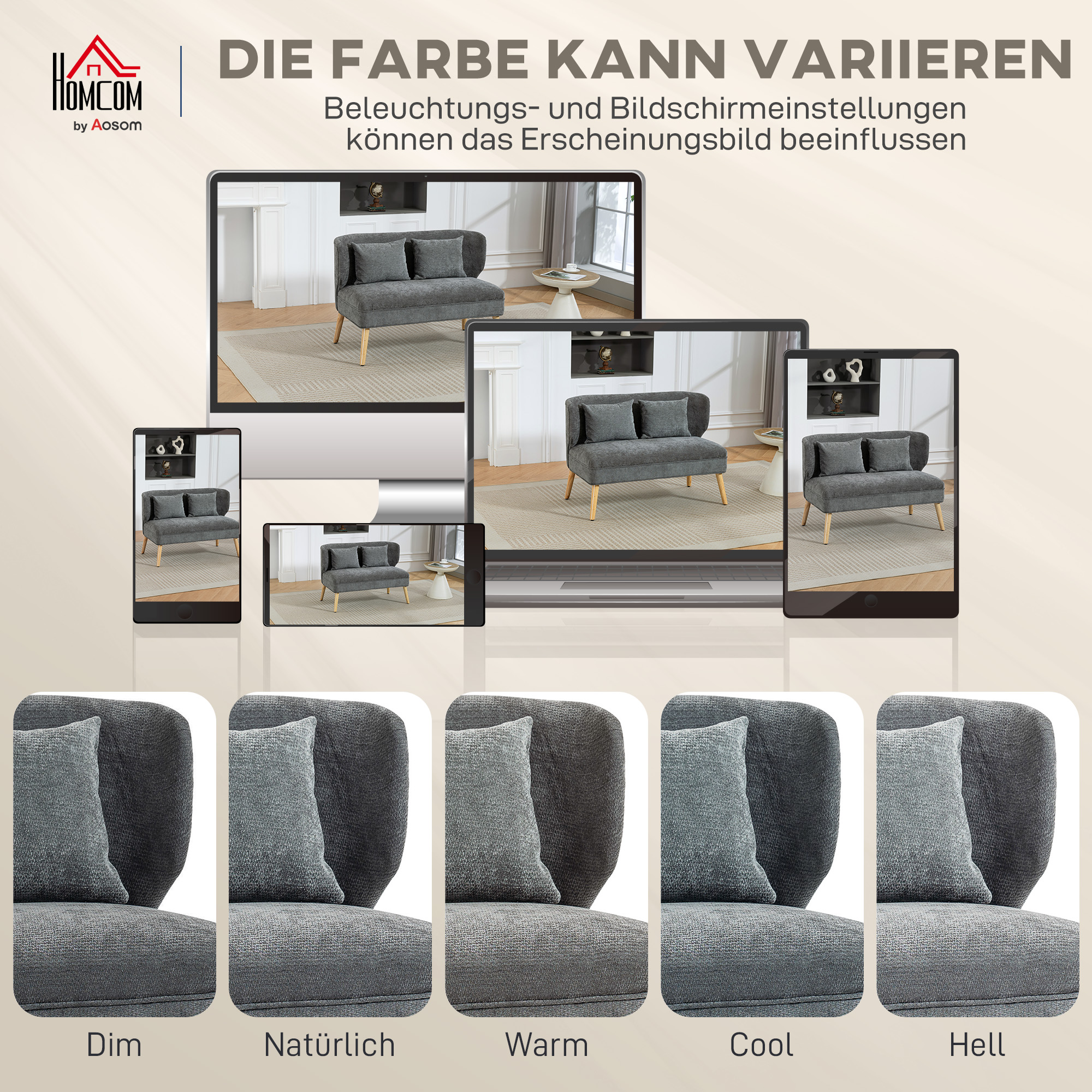 2-Sitzer-Sofa, kleines Chenille-Sofa mit Flügelrücken, dickem Sitz, Gummibaumholzfüßen, Grau