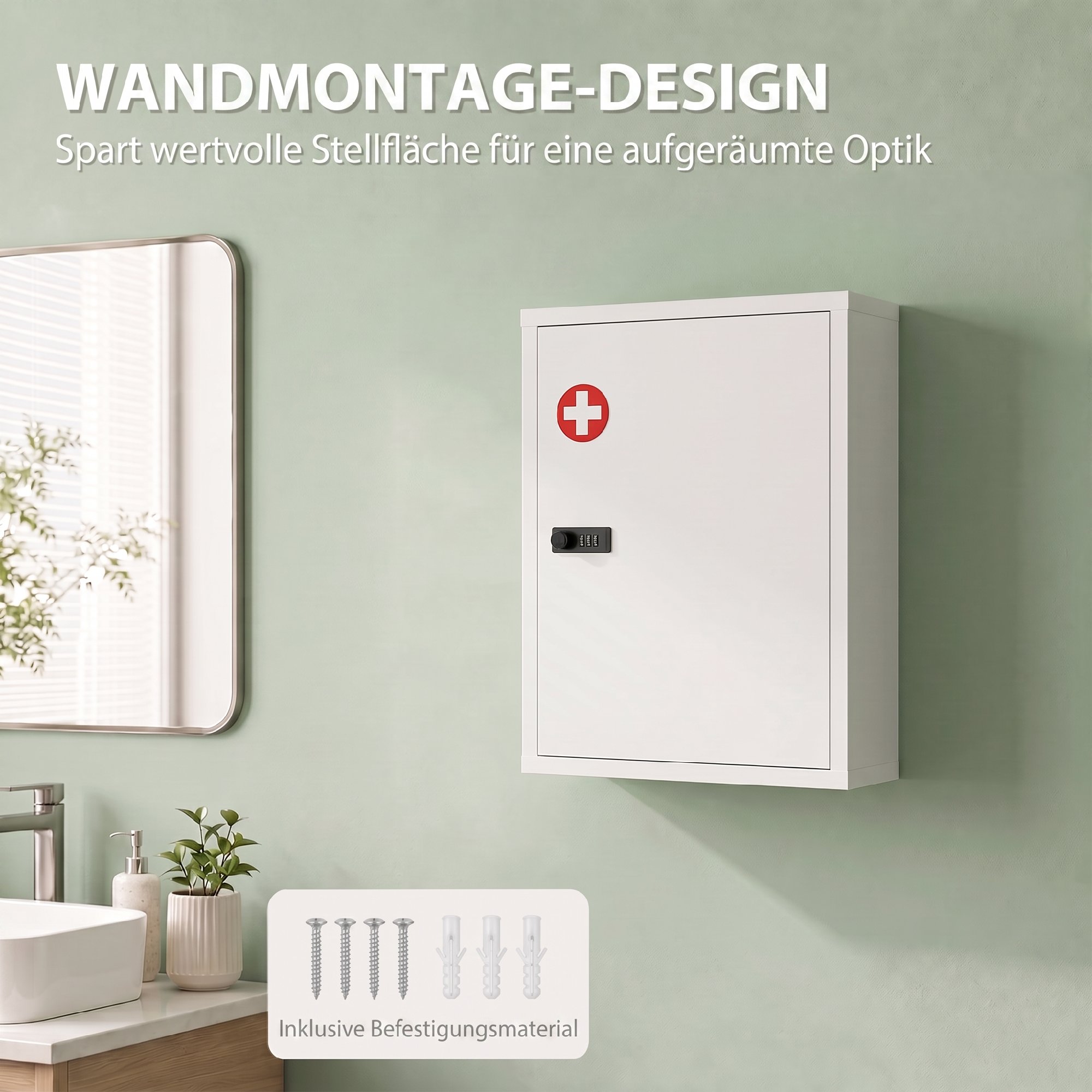 Medizinschrank zur Wandmontage, Badezimmerschrank mit Zahlenschloss, Tür und Ablagefächern, Weiß