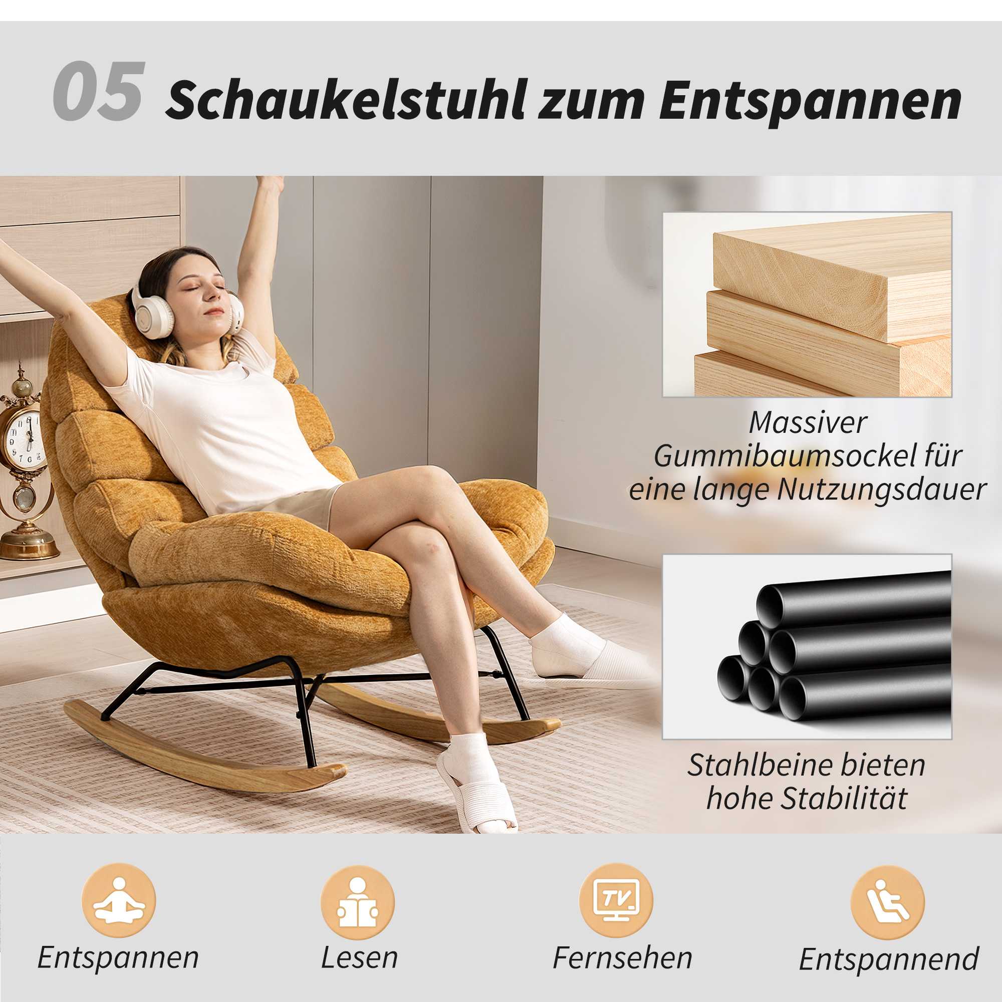 Gepolsterter Schaukelstuhl mit Stahlbeinen und Holzkufen, Gelb