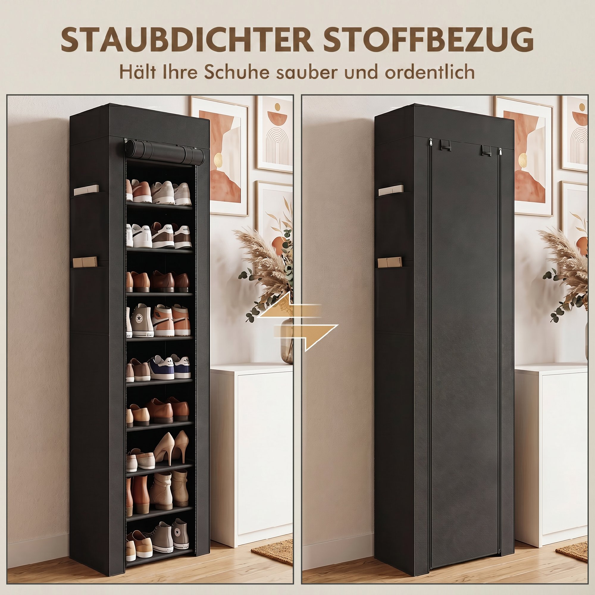 Schuhregal aus Metall mit staubdichtem Stoffbezug, für bis zu 20 Paar Schuhe, 45 x 30 x 175 cm, Schwarz