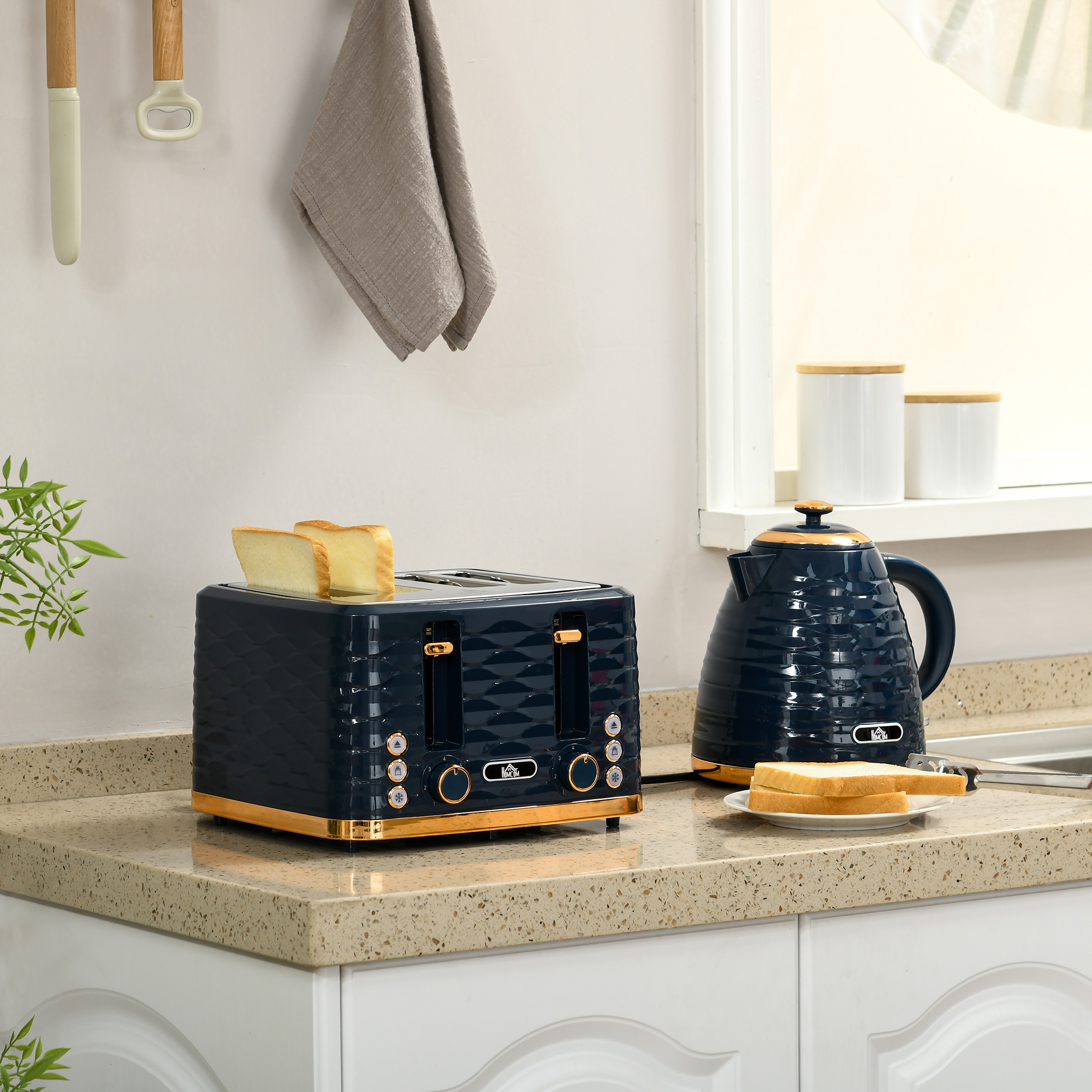2-in-1 Toaster- und Wasserkocher-Set, 7 Bräunungsstufen, Auftau- und Aufwärmfunktion, Blau