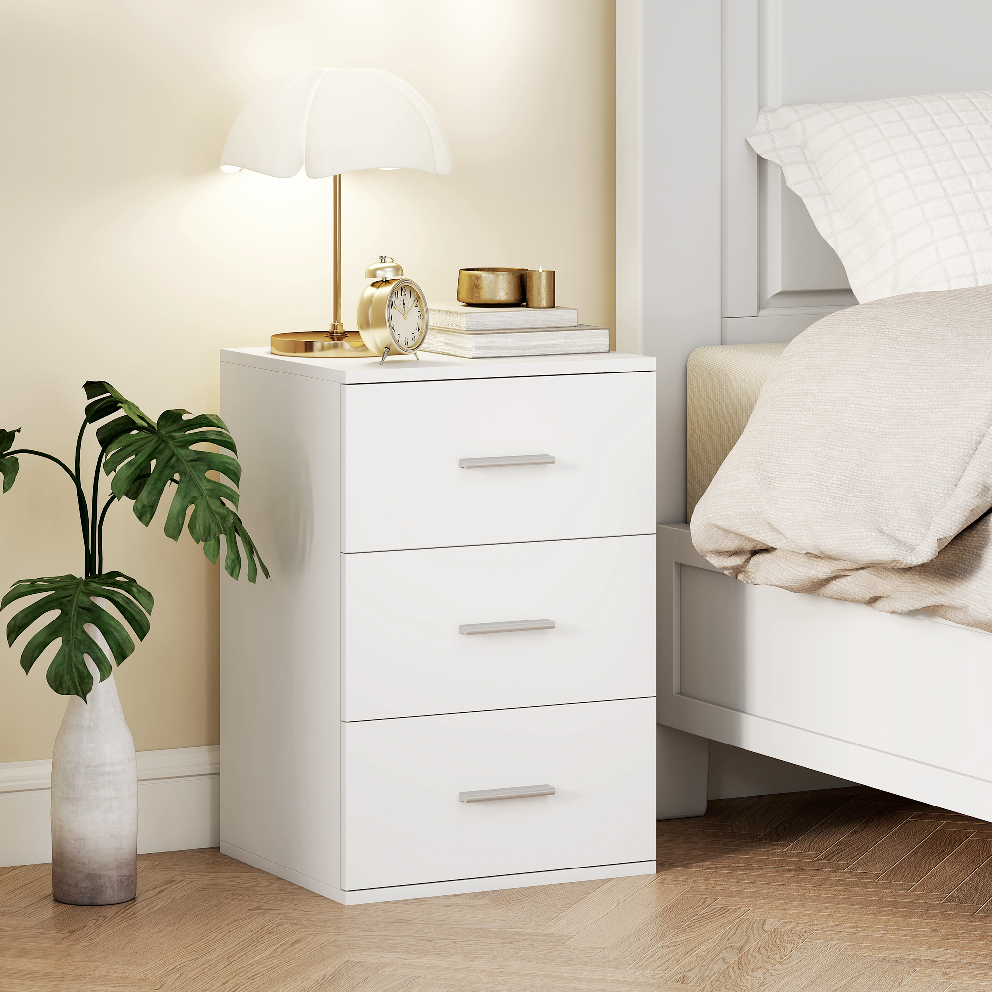 Nachttisch mit 3 Schubladen, Beistell-Kommode für Schlafzimmer, MDF, Weiß