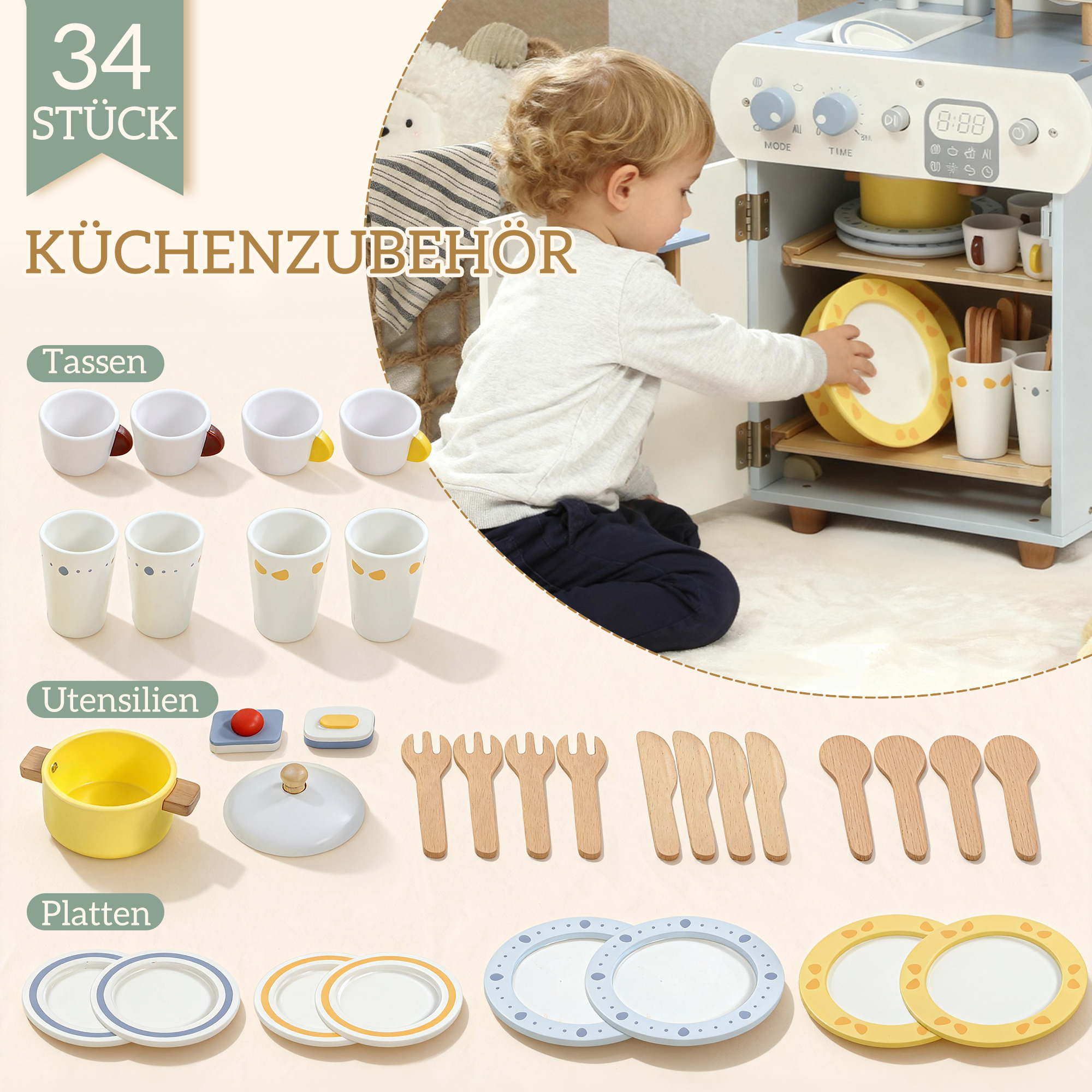 Spülküchen-Set, Holzgeschirrspüler für Kinder, 32 Zubehör-Teile, MDF, für Kinder ab 3 Jahren, Hellblau