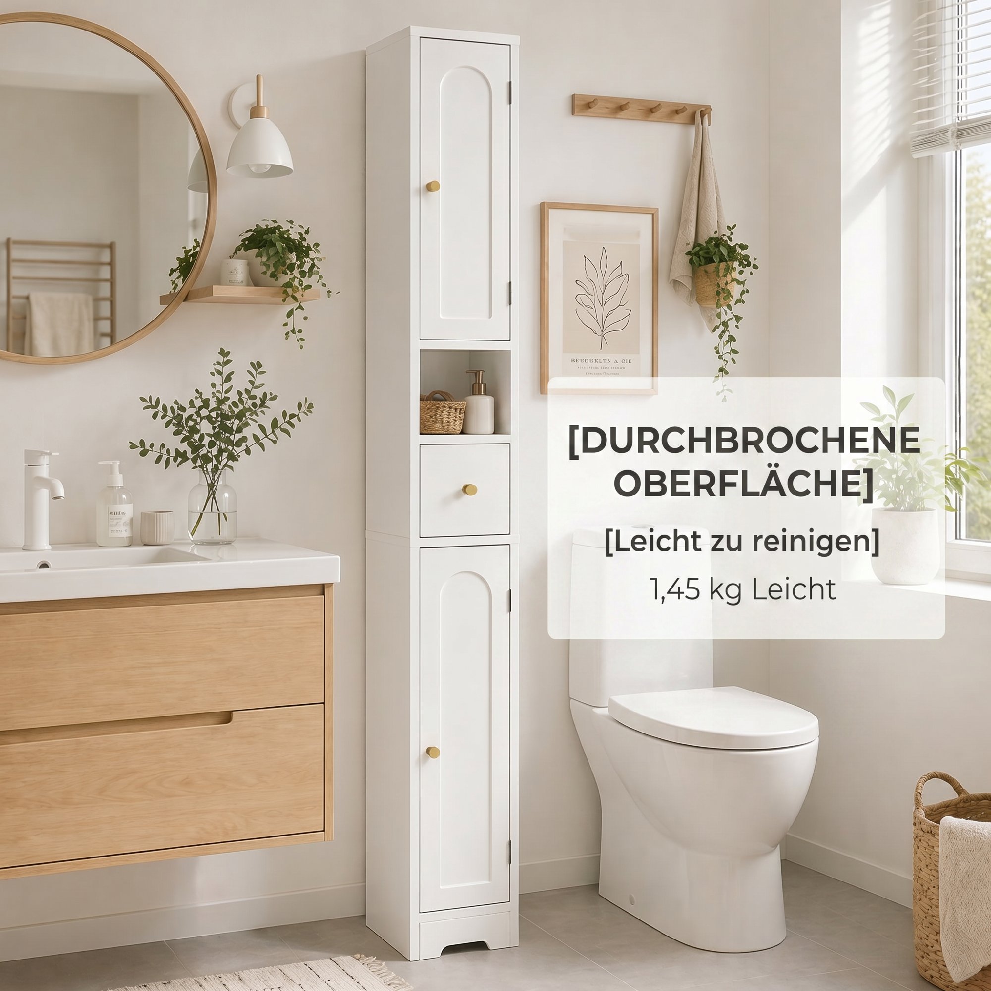 Badezimmerschrank schmaler Badschrank mit Schublade gewölbten Türen offenem Fach verstellbare Ablage 20x20x185 cm Weiß