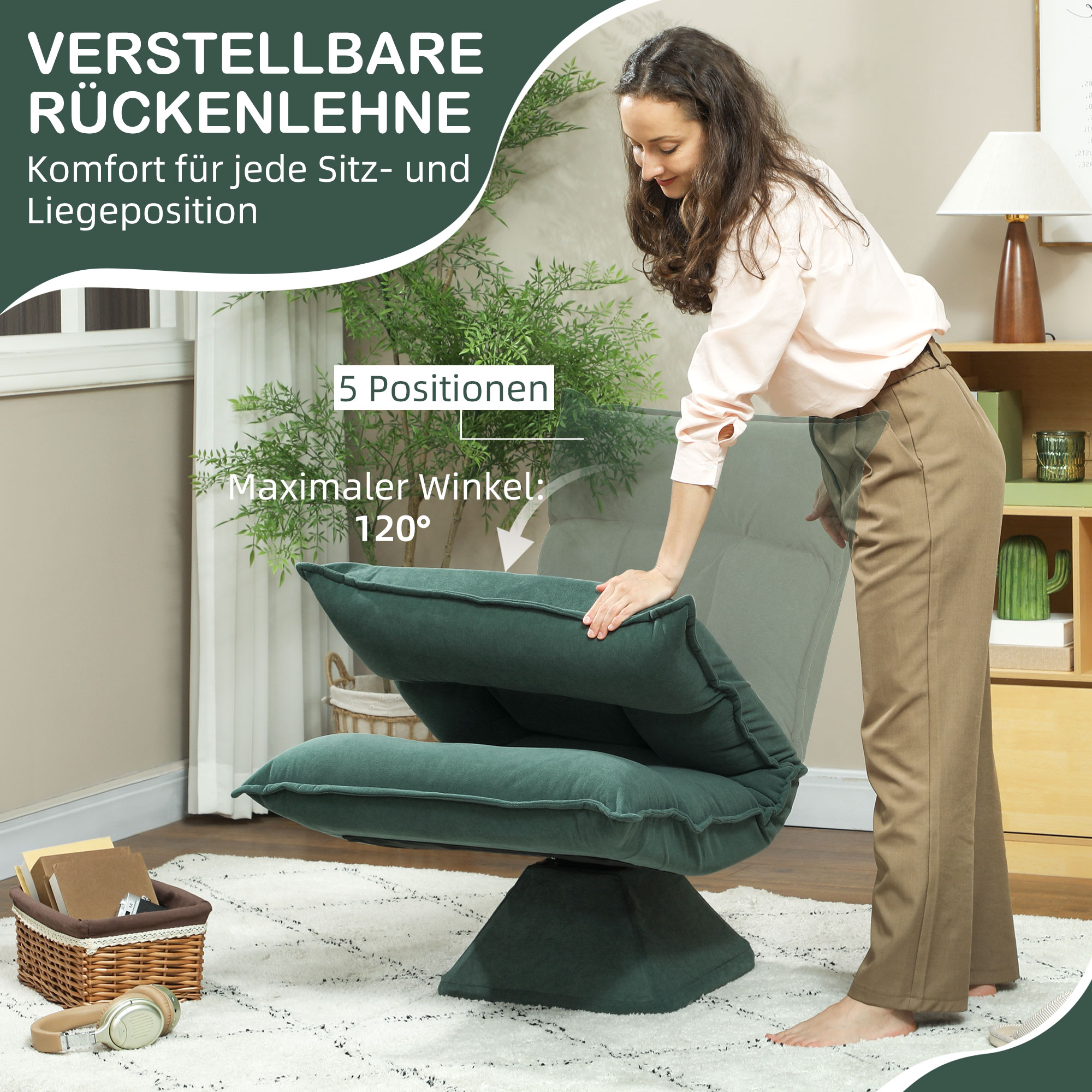 Bodensessel mit 5-fach verstellbarer Rückenlehne, drehbar, moderner Polsterstuhl, Grün