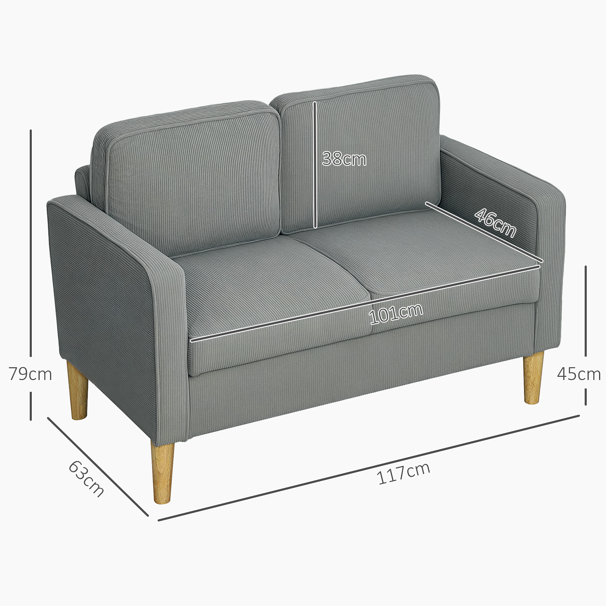 Zweisitzer-Sofa mit Stauraum und soliden Holzbeinen, für Wohnzimmer, Schlafzimmer, 117 x 63 x 79 cm, Hellgrau