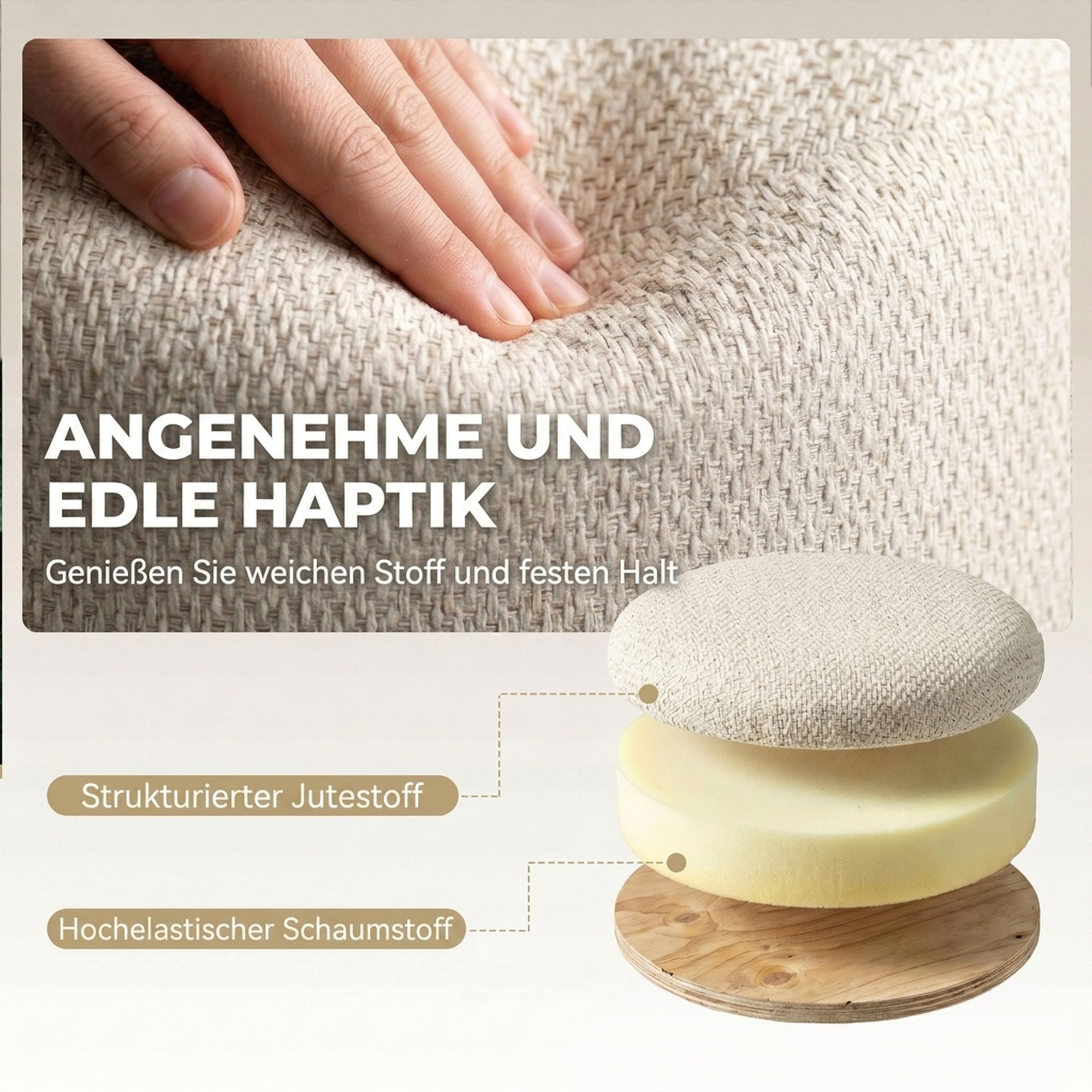 Hocker mit Stauraum, Runder Sitzhocker mit Deckel, Leinenoptik für Wohnzimmer, Schlafzimmer, 38,5x38,5x33,5 cm Beige