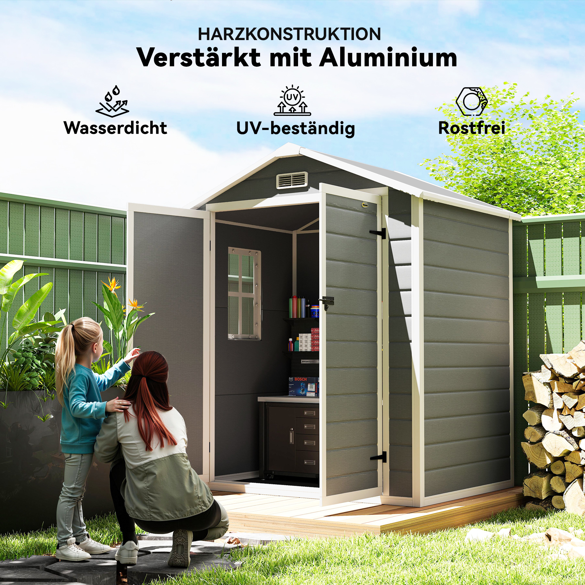 Metall-Gartenschuppen, abschließbar, Doppeltür, Fenster, Aluminiumrahmen, 1,80 x 1,30 x 2,10 m, Grau
