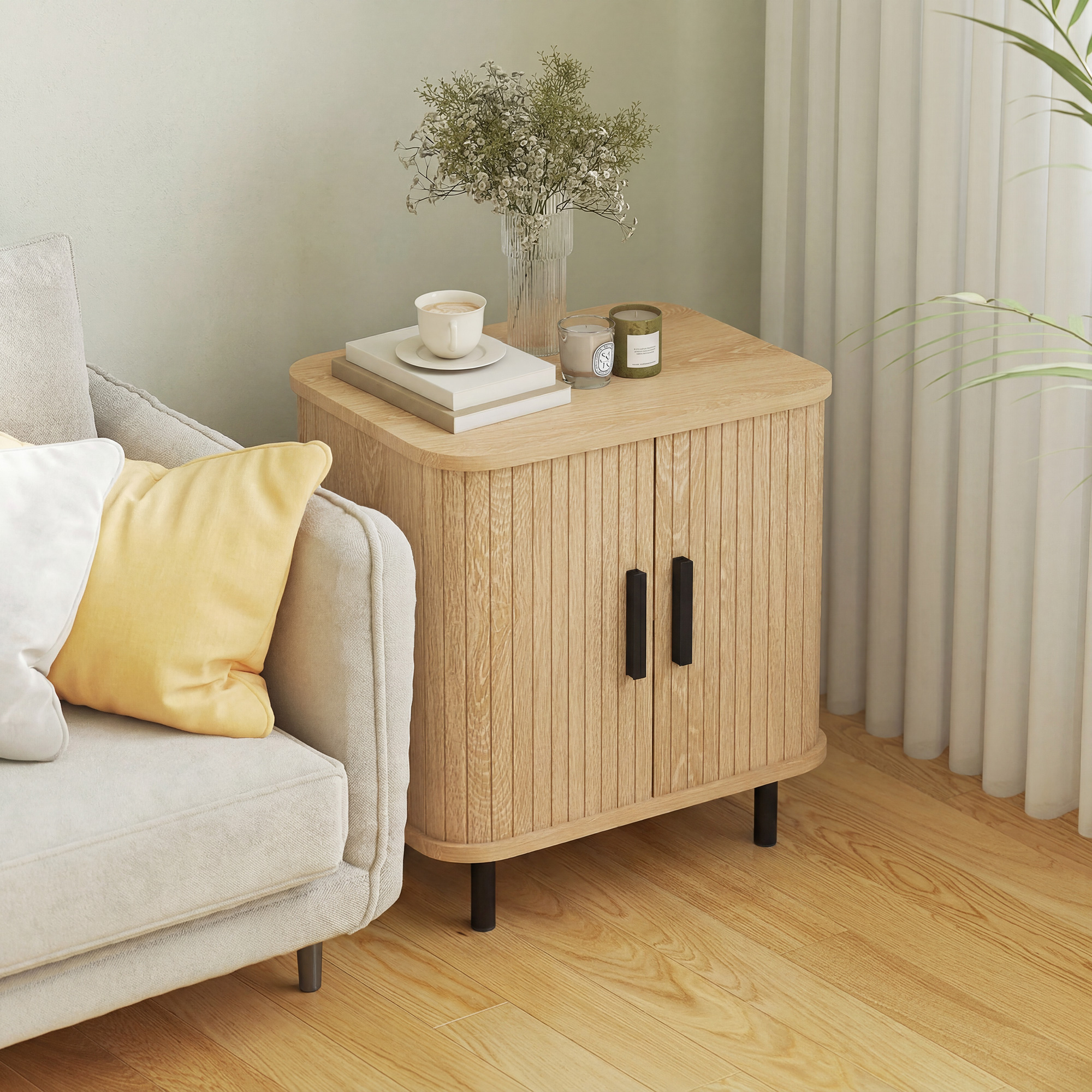 Nachttisch Beistelltisch mit Lamellentüren und Stahlbeinen, für Schlafzimmer und Wohnzimmer, Eiche