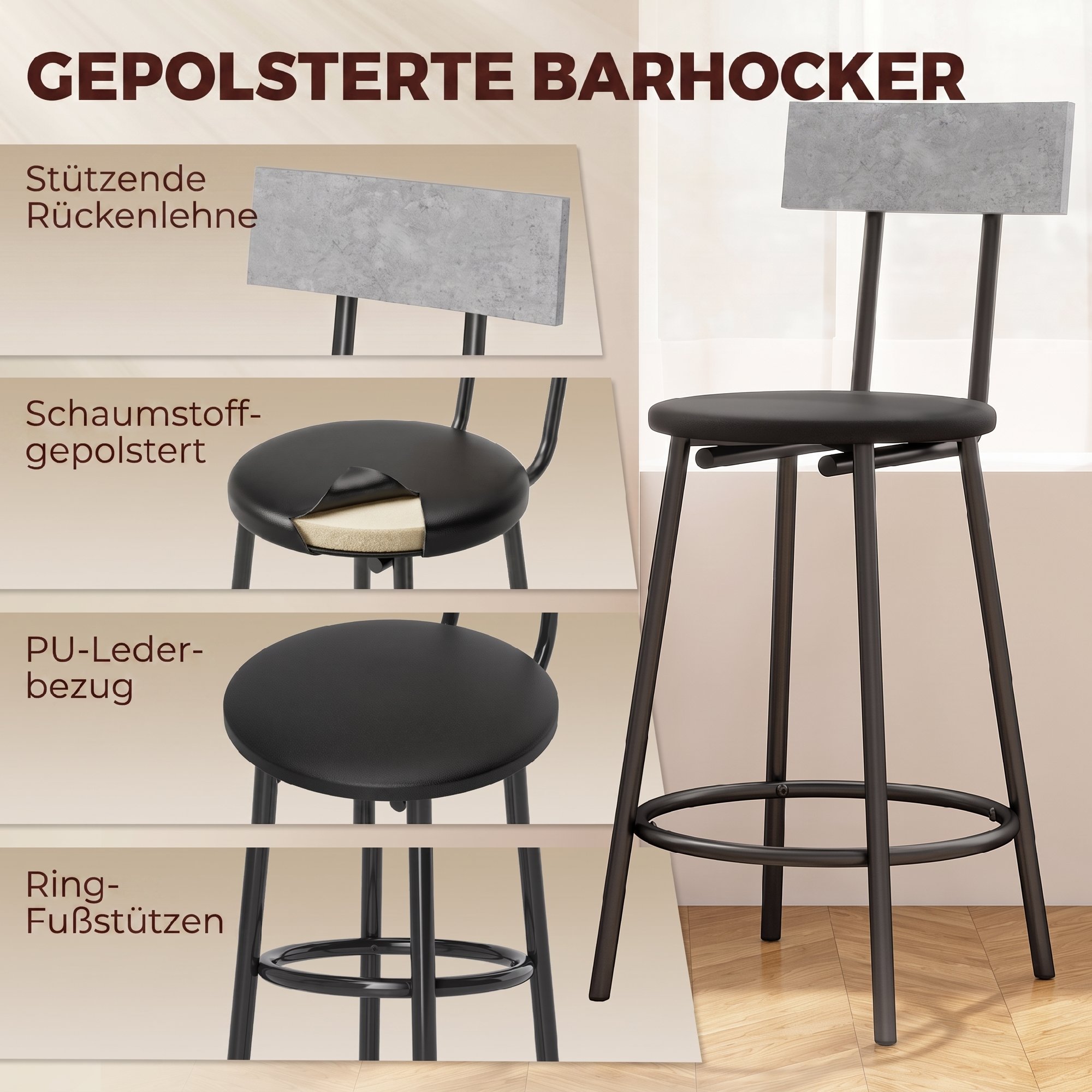 Bartisch mit Barhocker Set Tresentisch mit 2 gepolsterten Hockern mit Fußstütze für Esszimmer, kleinen Raum, Grau