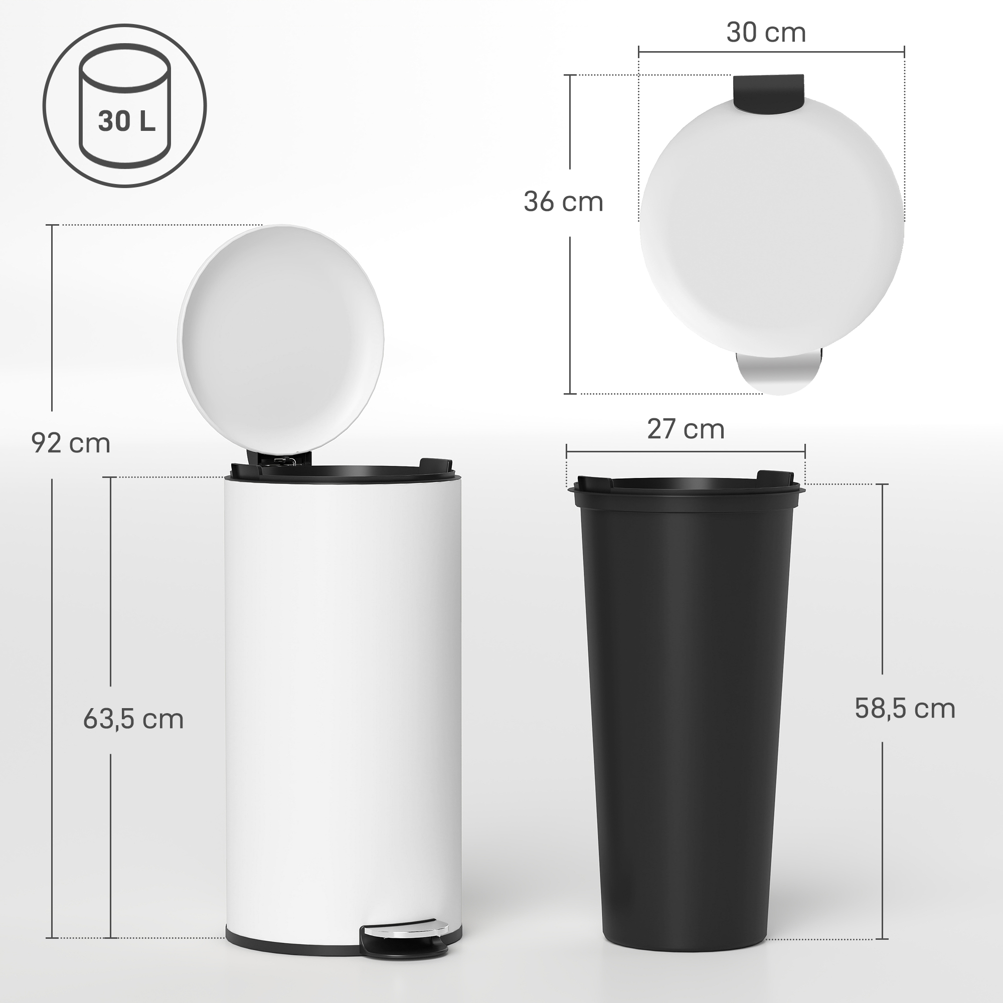 Mülleimer 30L, Treteimer, einrastbarer Deckel, Pedal, fleckenresistent, Cremeweiß