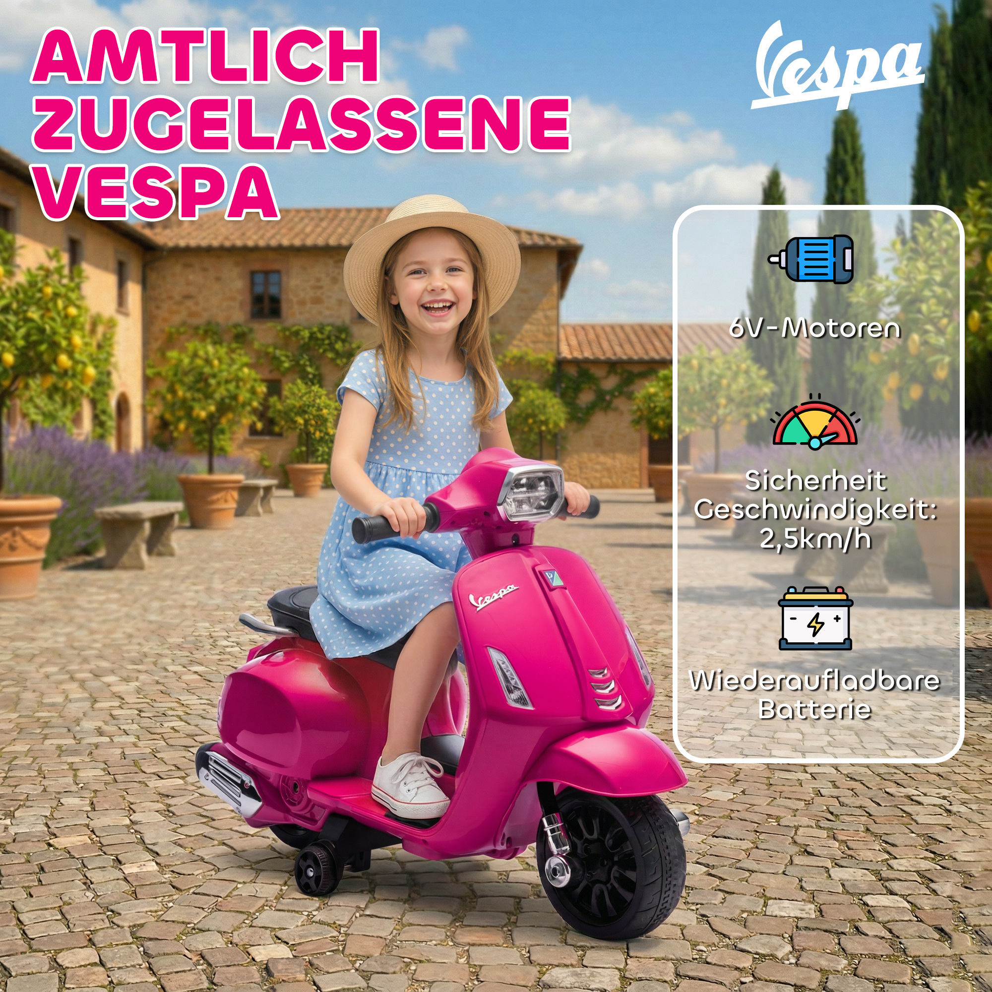 Elektro Motorrad Kinder Vespa 6V Elektromotorrad mit Stützrädern, Scheinwerfer, Hupe für 2-4 Jahre 71 x 37 x 52 cm Rosa