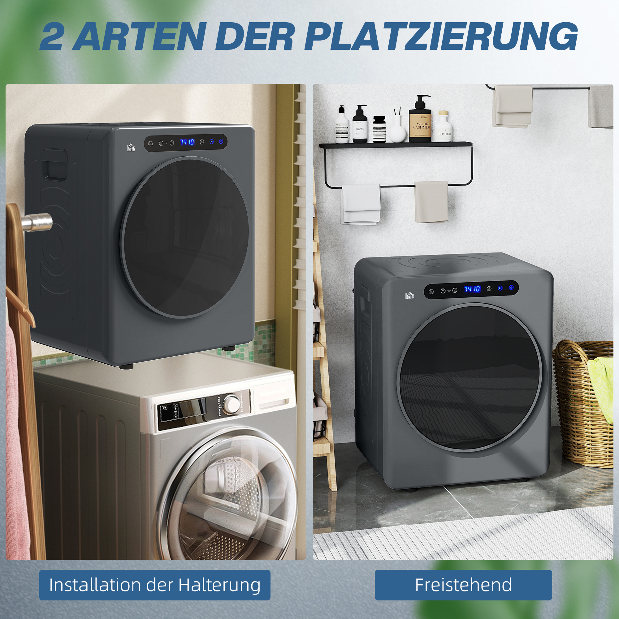 Wäschetrockner, 6 Programme, 40-60?, 3 kg Kapazität, kompakt, Touch-Bedienung, Grau