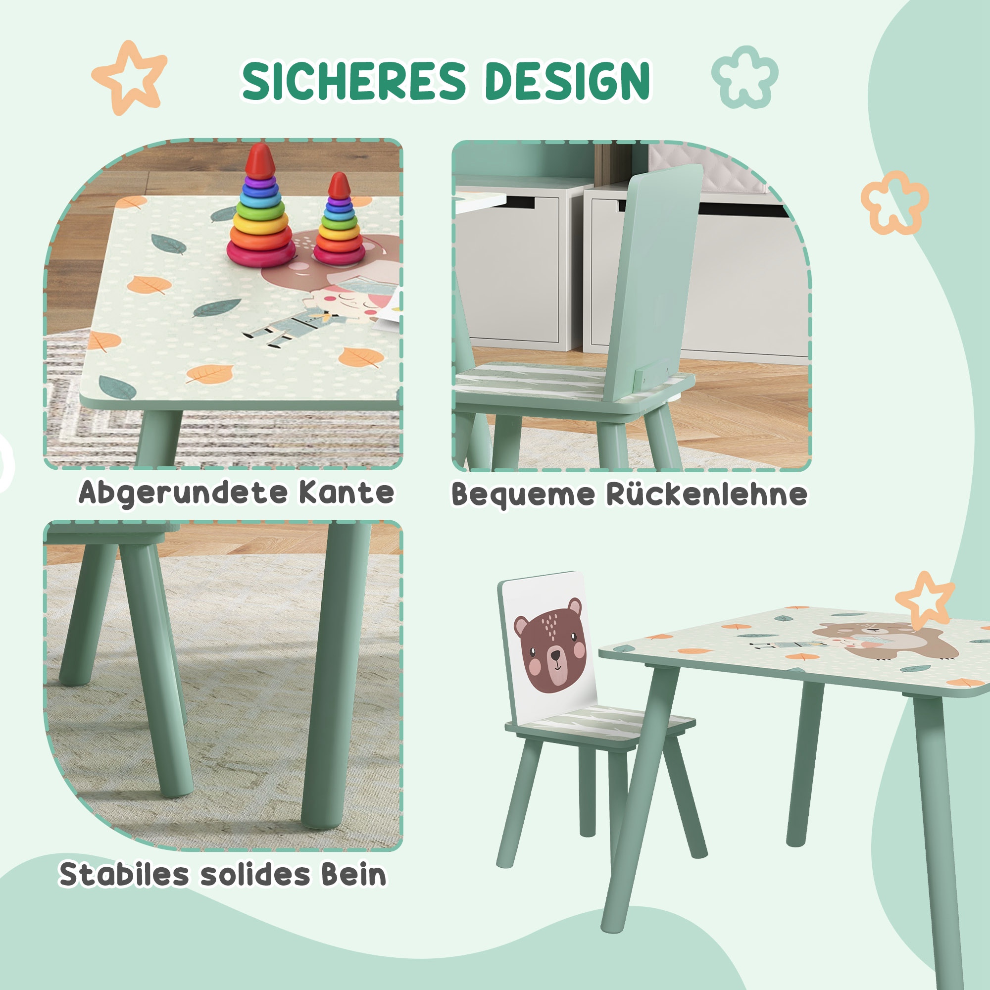 Sitzgruppe für Kinder 3-8 Jahre, 1 Tisch & 2 Stühle, niedliches Tiermotiv, Grün