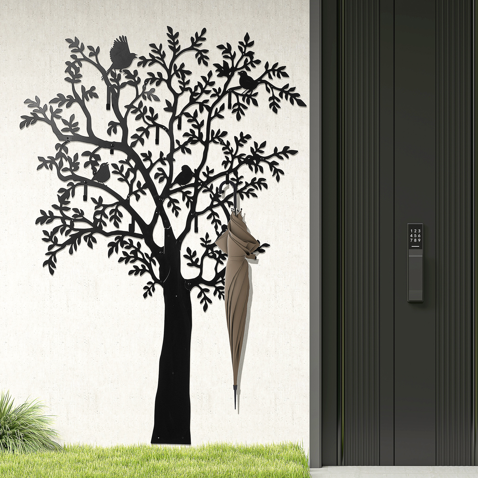 Wandgarderobe, Wandmontierter Mantelhaken, Baumdesign mit Vögeln, Schwarz
