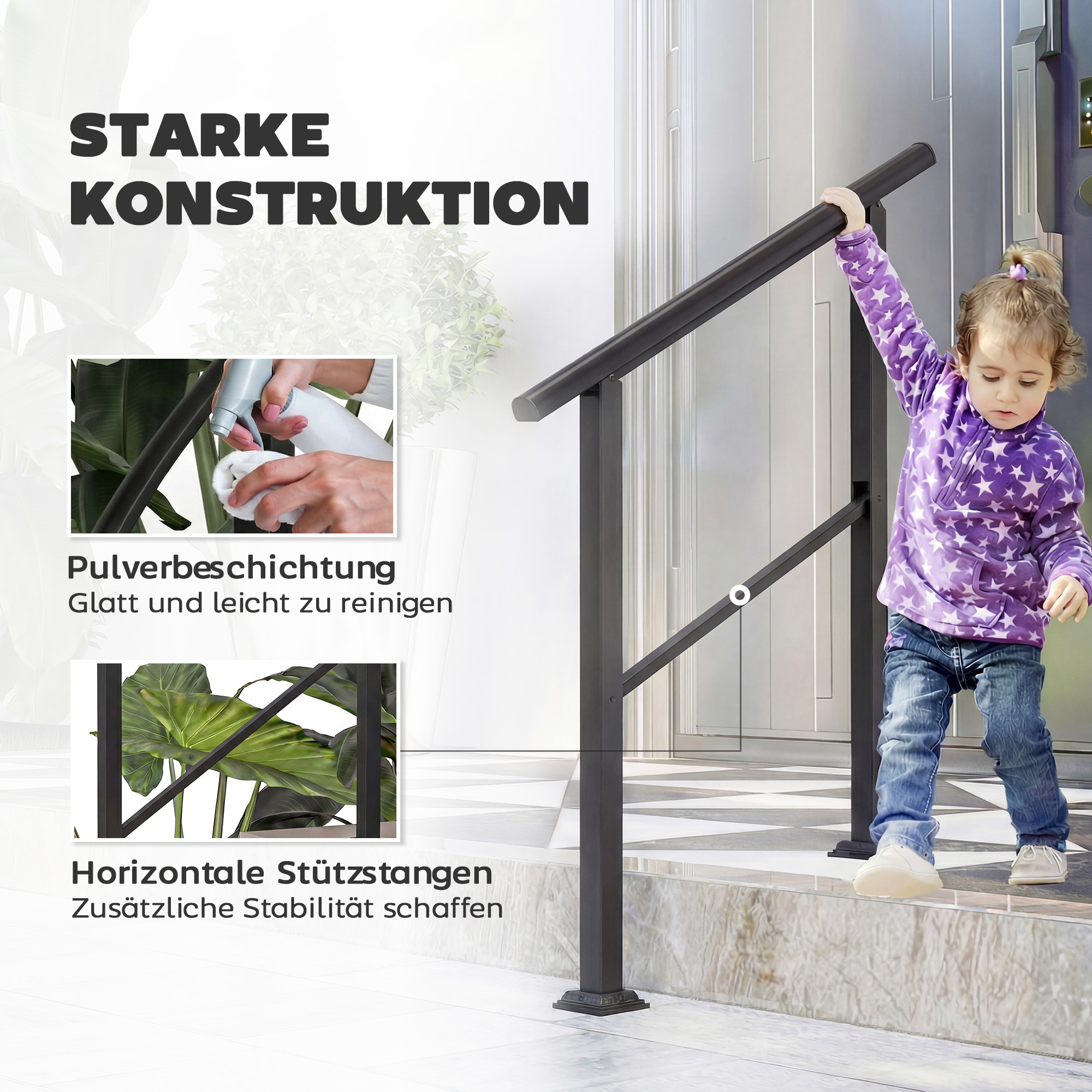 Treppengeländer für 2-3 Stufen, 94cm, Winkelverstellbar Handlauf Außen und Innen Metall Schwarz