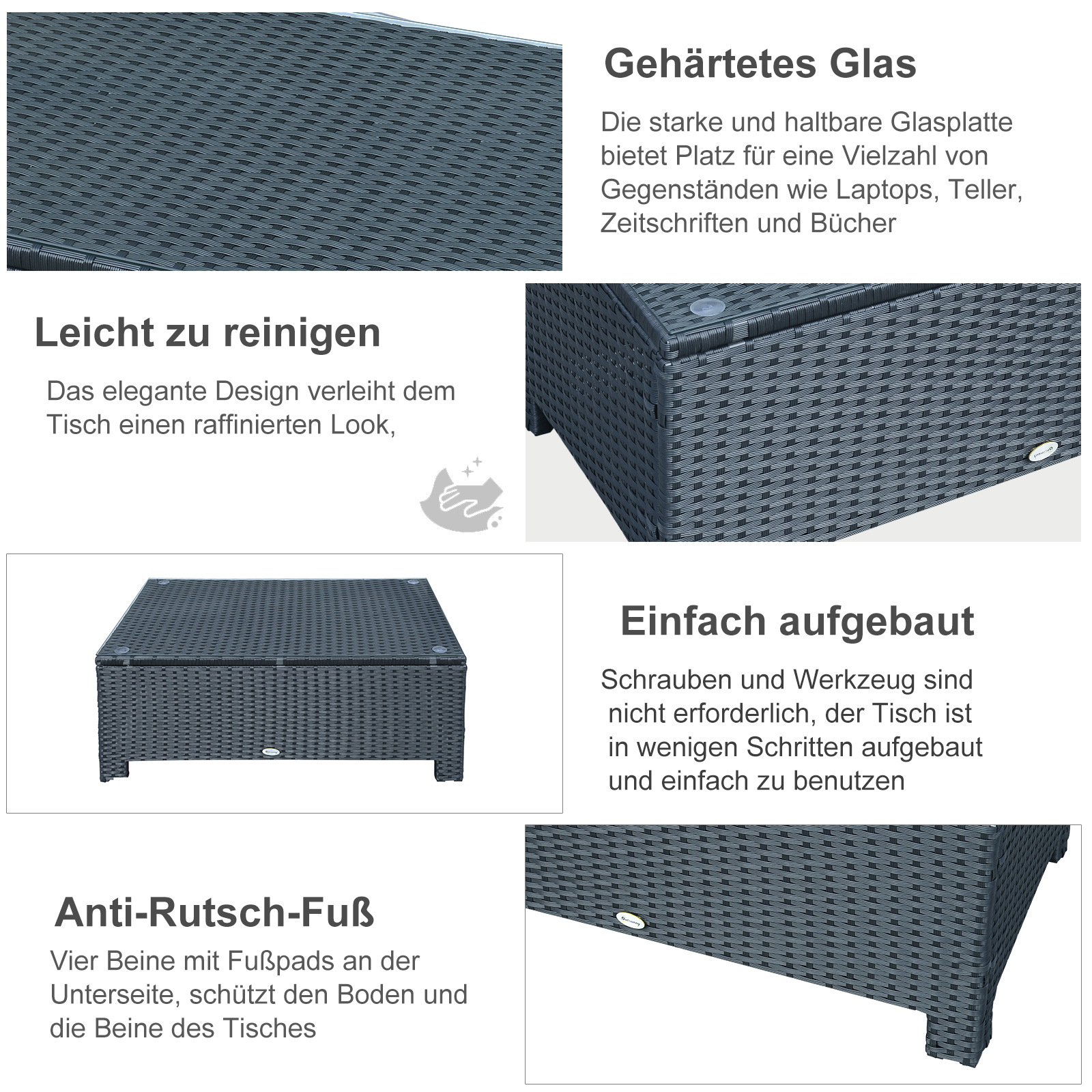 Garten Beistelltisch Couchtisch Gartentisch Balkontisch Polyrattan Schwarz 85 x 50 x 39 cm
