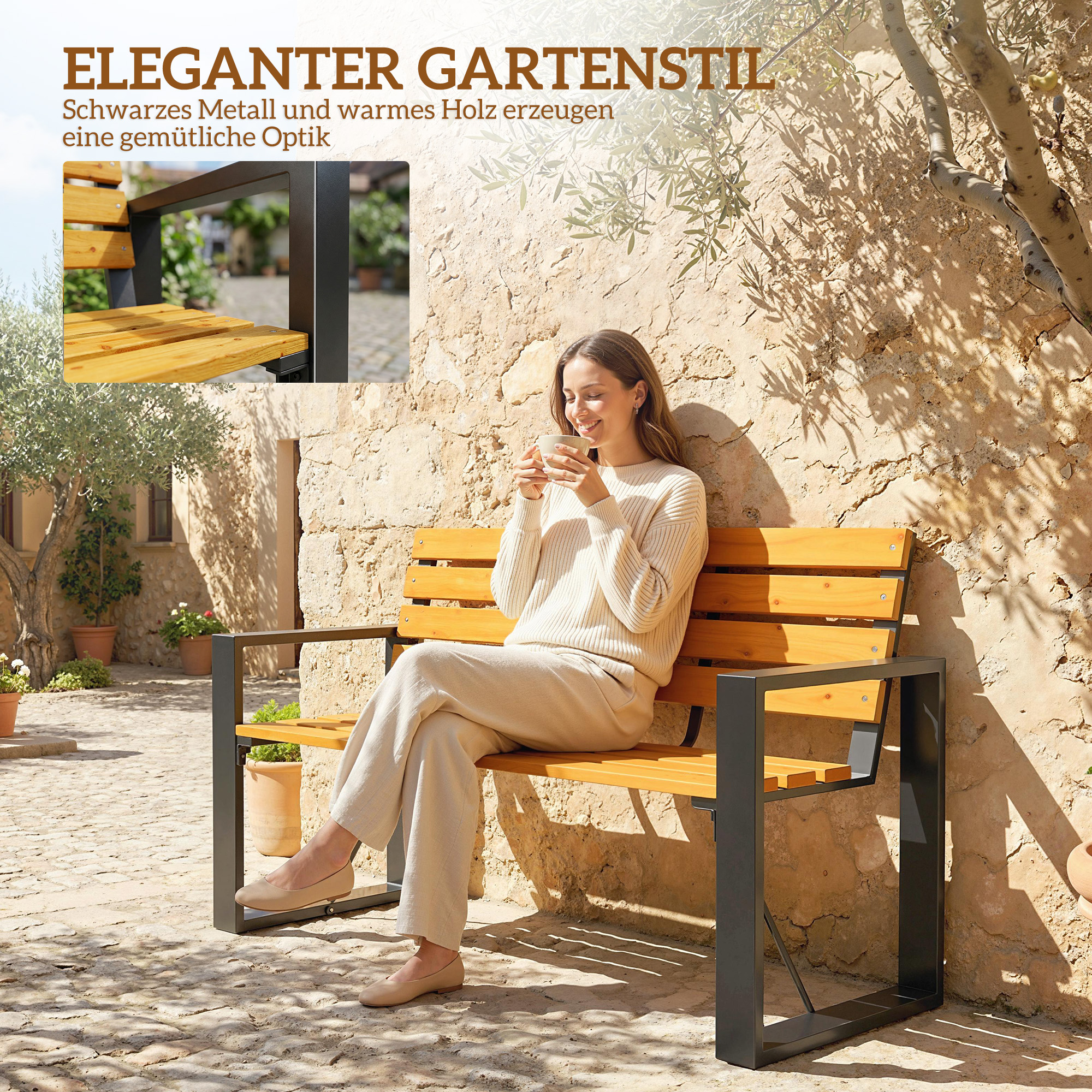 Gartenbank 2-Sitzer Wetterfest Holzbank mit Lamelldesign Armlehnen, Holz Sitzbank bis 240 kg Naturholz