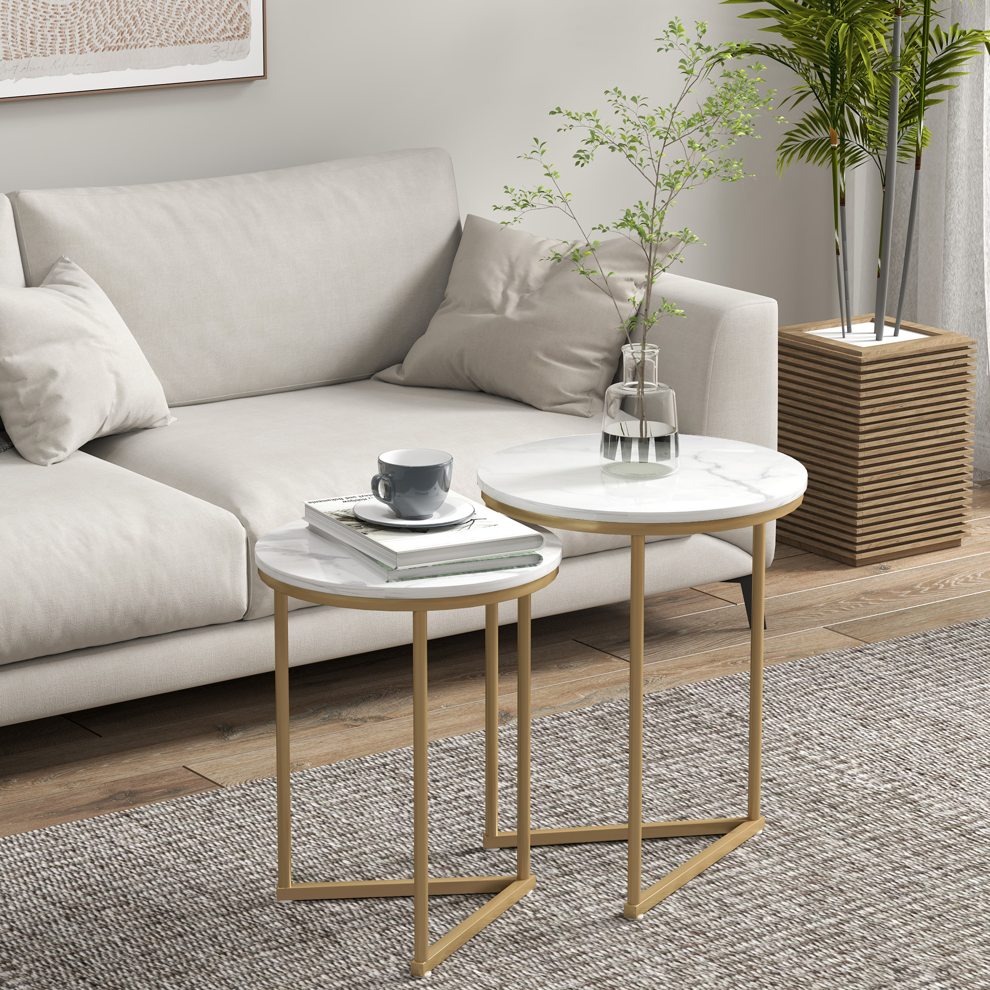 Beistelltisch 2er-Set, moderner Couchtisch mit goldenen Stahlbeinen für Wohnzimmer, Schlafzimmer