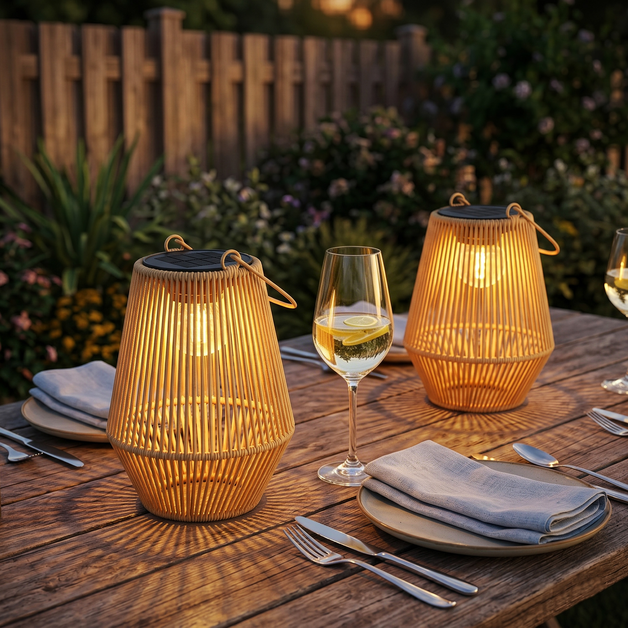 Solar Stehlampe 2er Set Rattan Hängend Solarlampen mit Lichtsensor IP44 wasserdichte Solarlampe für Garten Balkon Braun