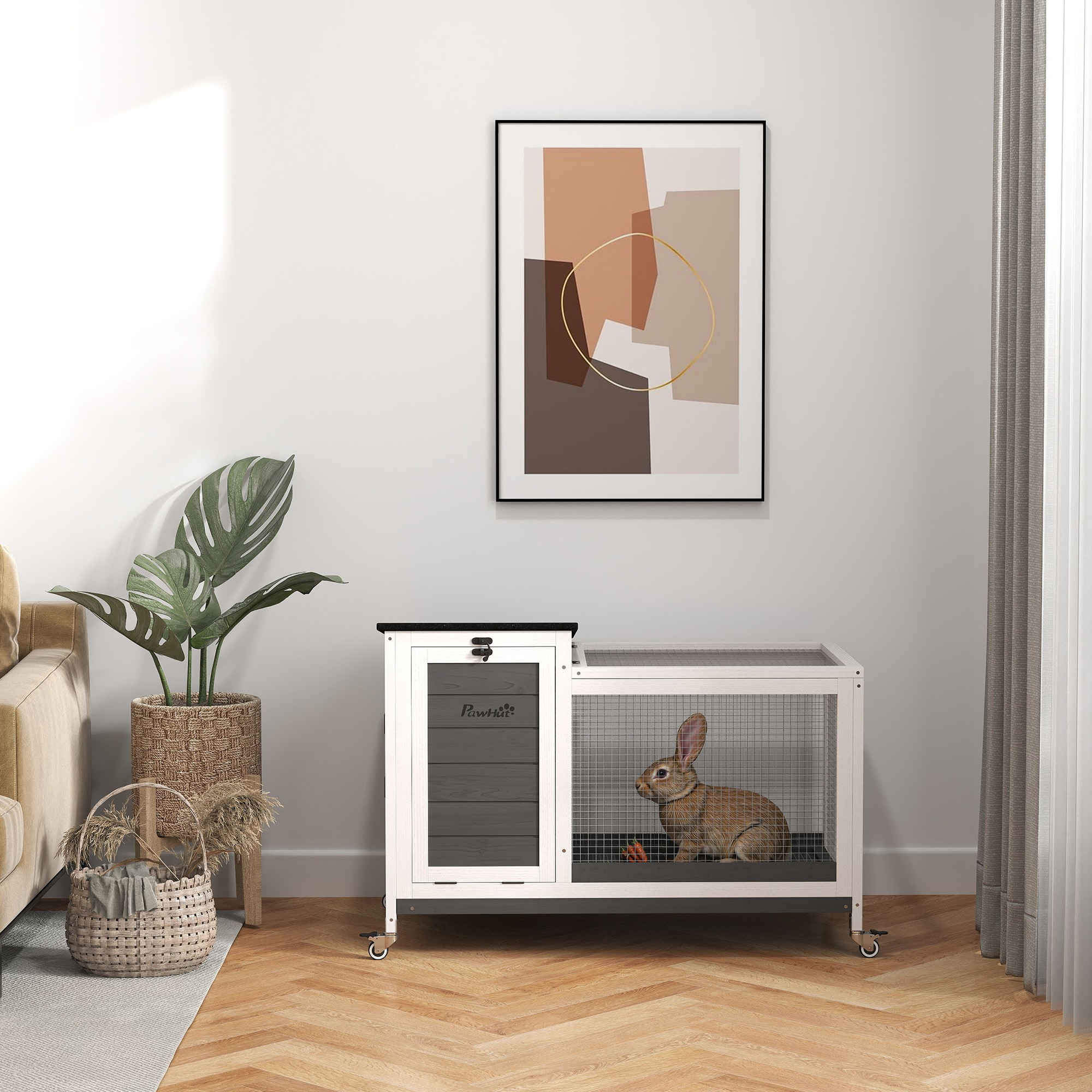 Kaninchenstall aus Holz Hasenstall mit Freilaufgehege Rädern Klappdach für Innen, draußen 92 x 52 x 67 cm Dunkelgrau