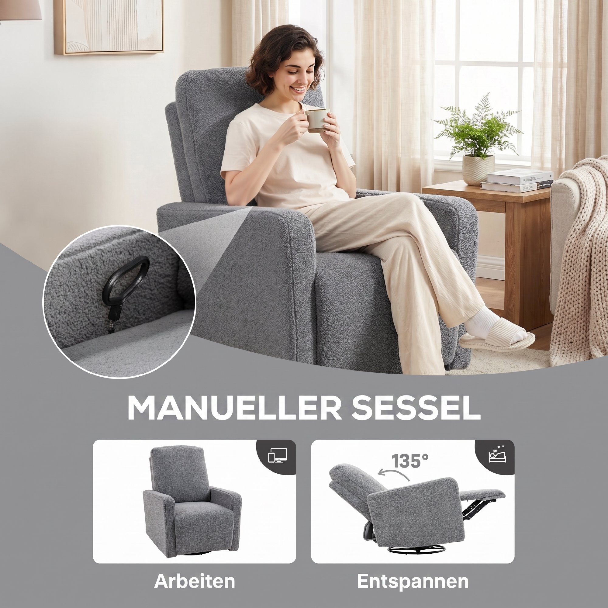 Recliner-Sessel, Entspannungssessel mit Fleece-Bezug, verstellbare Rückenlehne, Polstersessel, Stahl, Grau