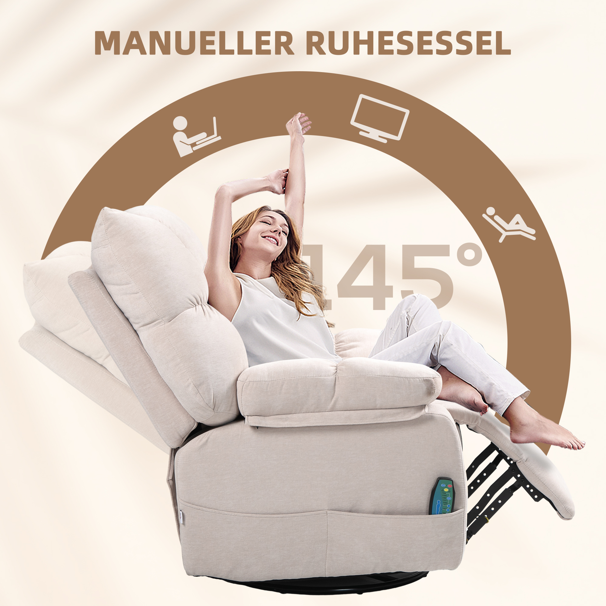 Massagesessel mit Wärme- & Liegefunktion, drehbar, bis 150 kg, Metallgestell, 98x90x98cm, Beige