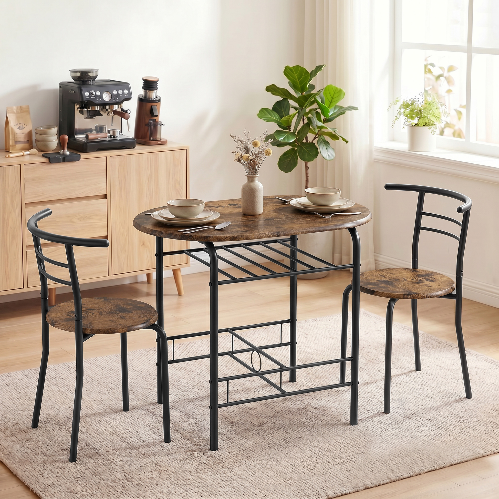 Essgruppe 3-teilig, Küchentisch und Stühle für 2 Personen mit Regal, Wohnzimmer, Rustikal-Braun Holz-Optik