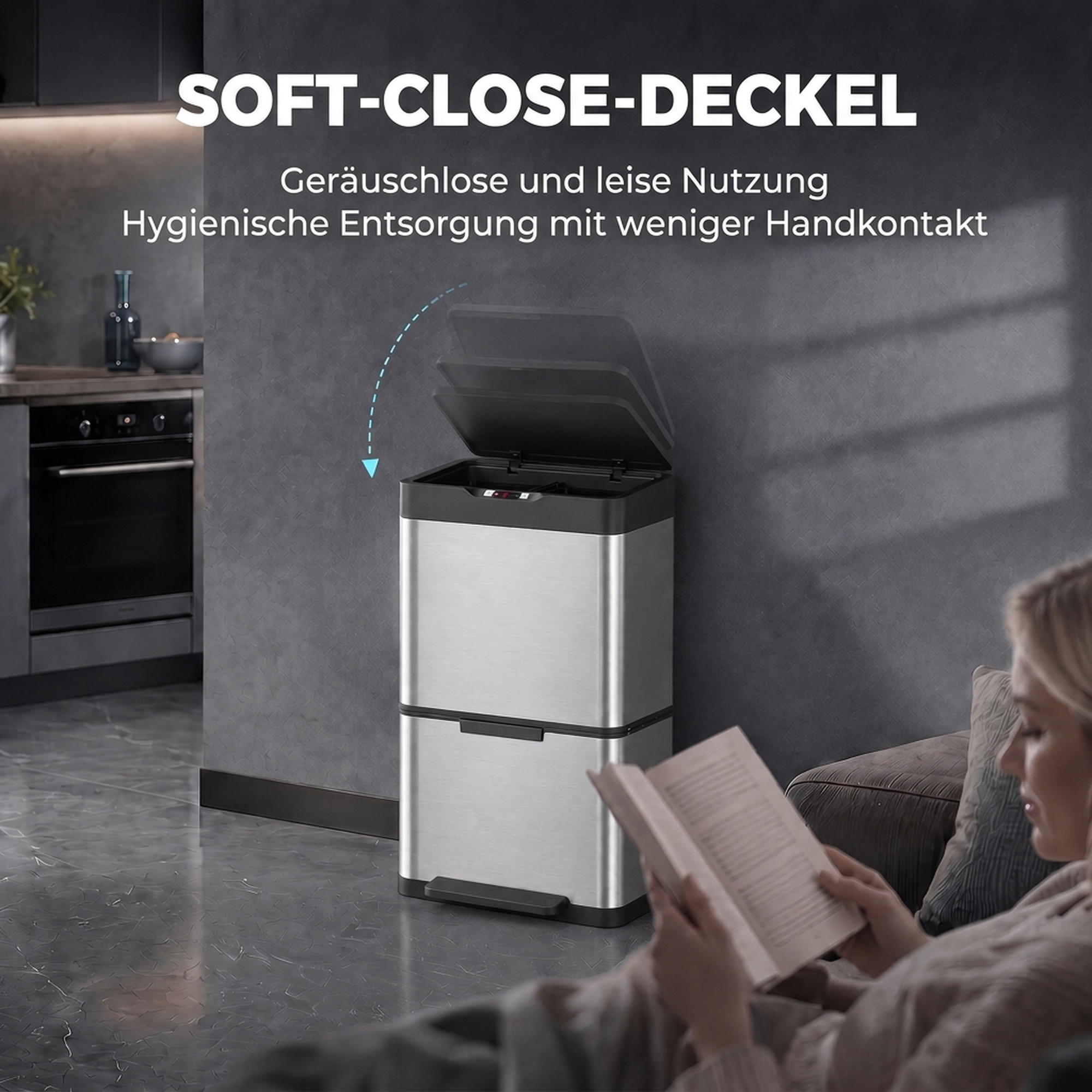 40L Sensormülleimer, 3 Fächer (2 x 12,5L + 15L), mit Soft-Close- & Offenhaltefunktion, Silber