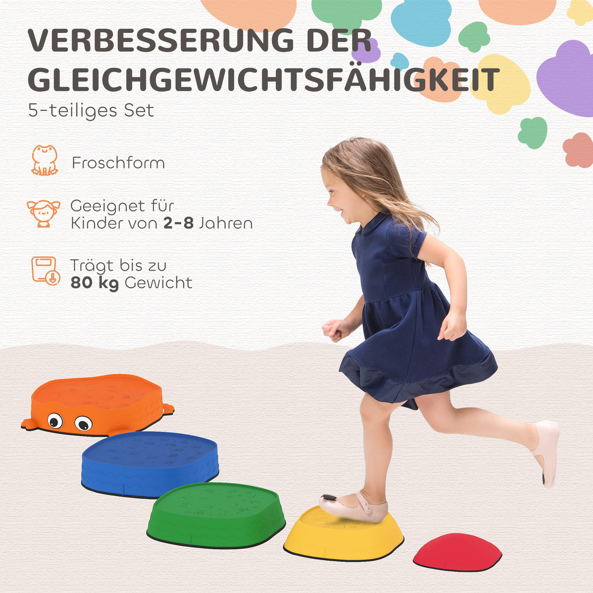 5er-Set Trittsteine zum Balancieren, stapelbar, Froschform, Kunststoff, Bunt