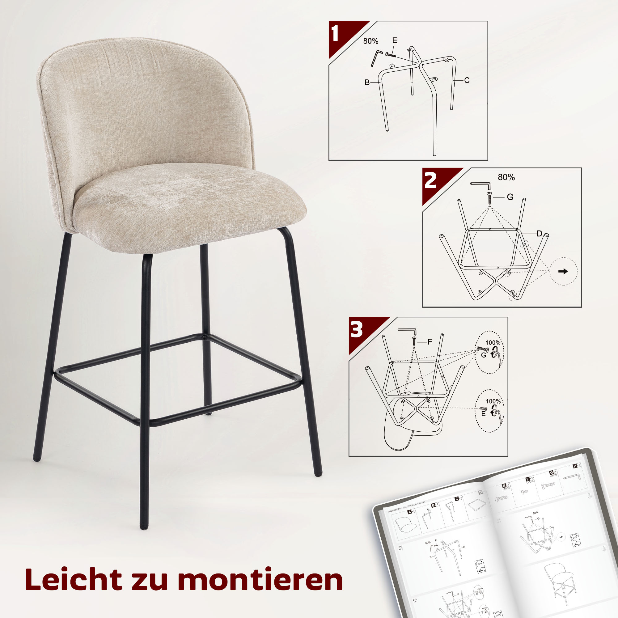 2er-Set Barhocker mit Rückenlehne und Fußstütze, Polsterstühle mit Stahlbeinen für Kücheninsel, Esszimmer, Beige