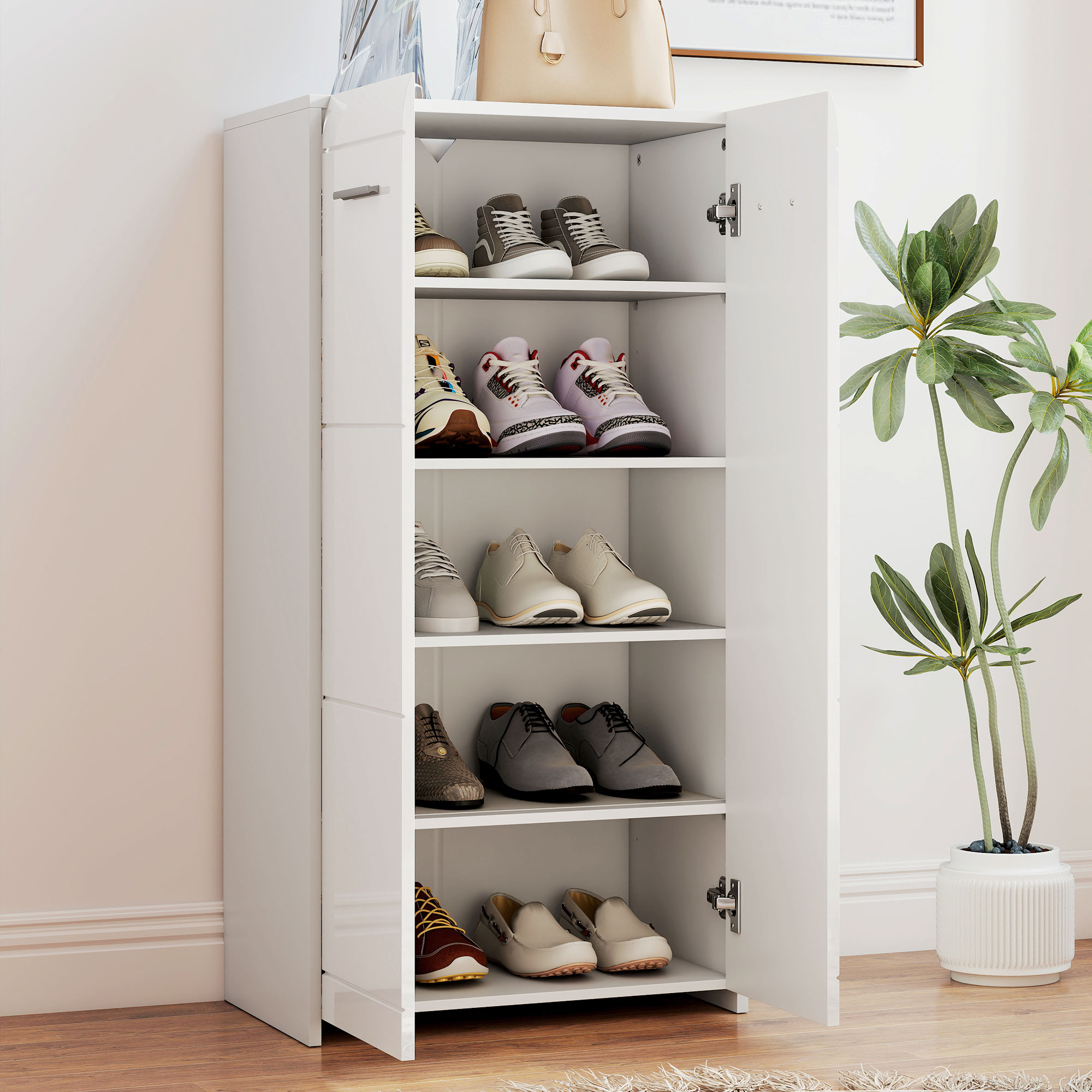 Schuhschrank in Hochglanz, Schuhaufbewahrung mit Verstellbaren Regalböden für Flur, Diele, Platz für 10 Paar, Weiß