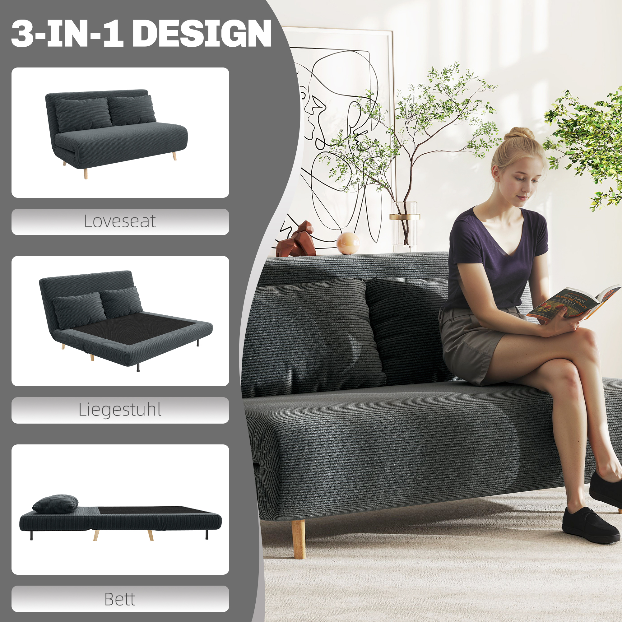 Schlafsofa, Gästebett, 3-fach verstellbare Rückenlehne, Kordoptik, bis 120 kg, 141 x 90 x 81 cm, Dunkelgrau