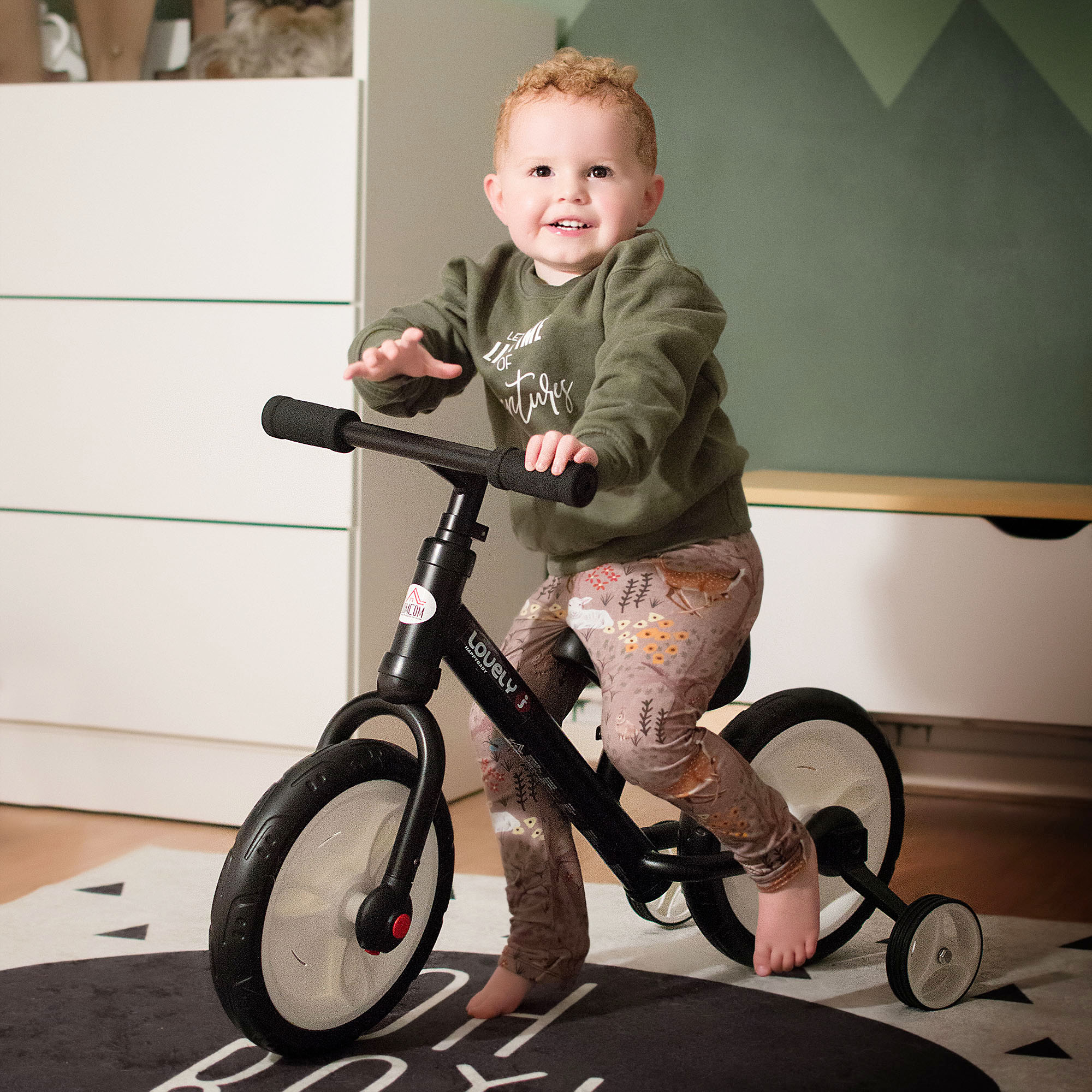 Kinder Laufrad ab 2-5 Jahre Lauflernrad mit Stützrädern, Pedalen, Höhenverstellbarem Sitz, Spielzeug Balance Bike für Kleinkinder Erste Geburtstag Geschenk, Schwarz