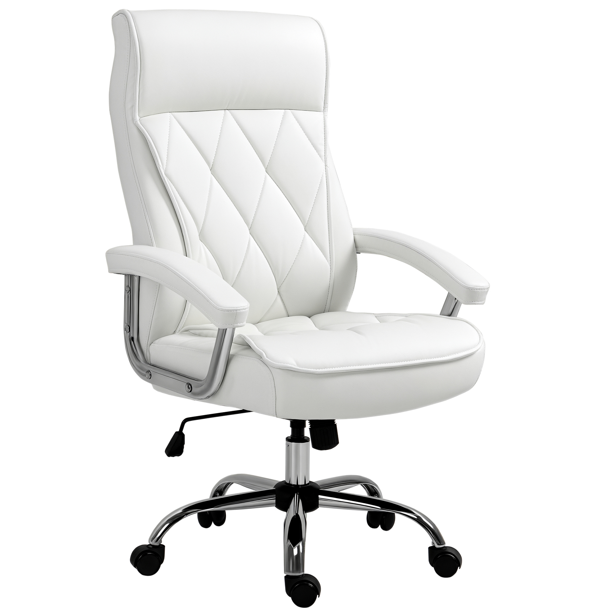 Bürostuhl, ergonomischer Schreibtischstuhl, höhenverstellbarer Drehstuhl mit Wippfunktion, Rautenmuster, Kunstleder, gepolsterter Chefsessel, Weiß