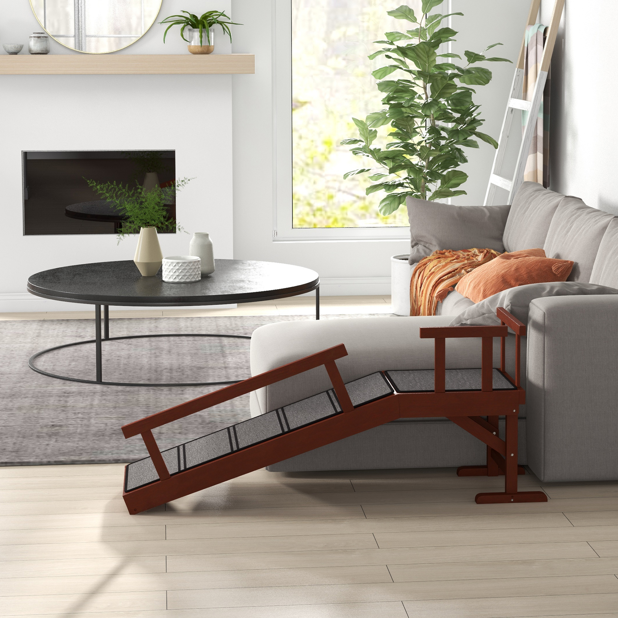 Hunderampe, abnehmbare Geländer, rutschfest, Holz, bis 30 kg, 125x40x56cm, Braun/Grau